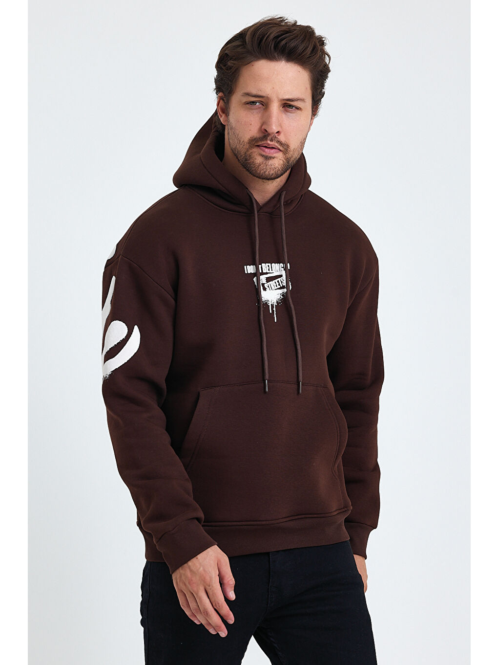 Tarz Cool Kahverengi Erkek Standart Fit Normal Kesim Içi Polarlı 3 Iplik Kapüşonlu Pamuklu Sweatshirt