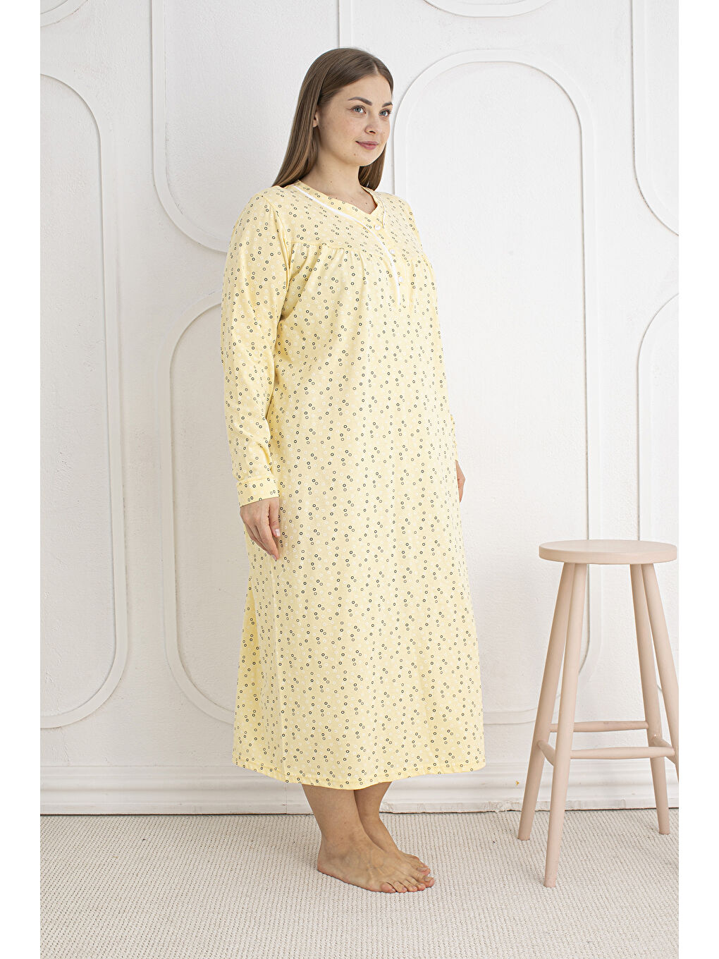 Sarı %100 Pamuklu Mevsimlik Kumaş Uzun Kol Büyük Beden Anne Geceliği 813-1
