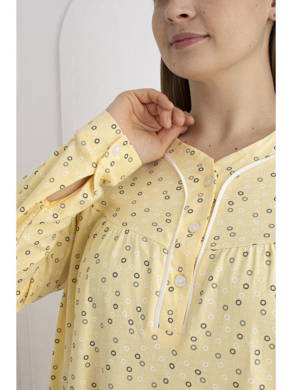 Sarı %100 Pamuklu Mevsimlik Kumaş Uzun Kol Büyük Beden Anne Geceliği 813-3