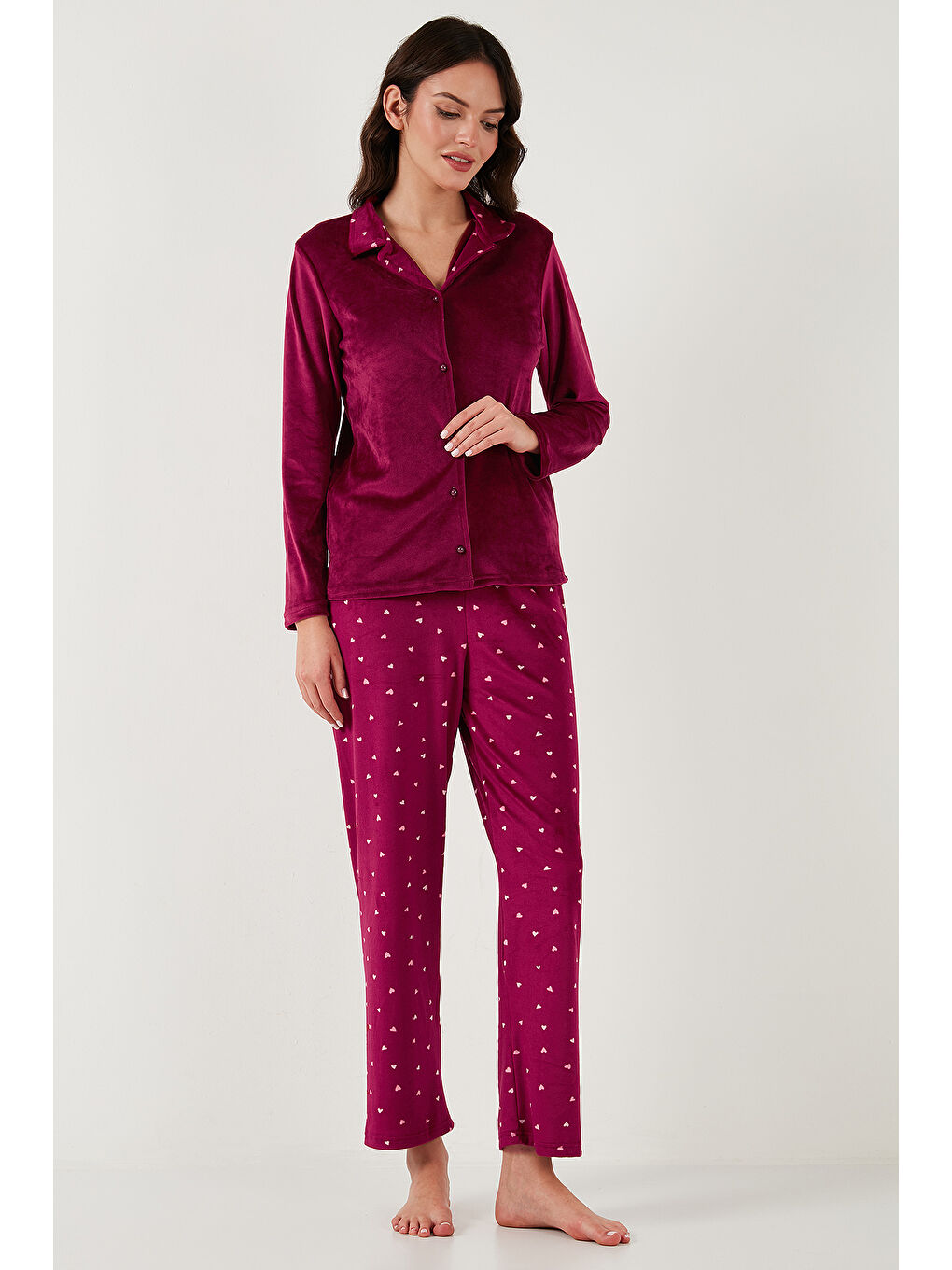 Lela Bordo Regular Fit Desenli Parlak Kadife Kadın Pijama Takımı 65713311 - 1