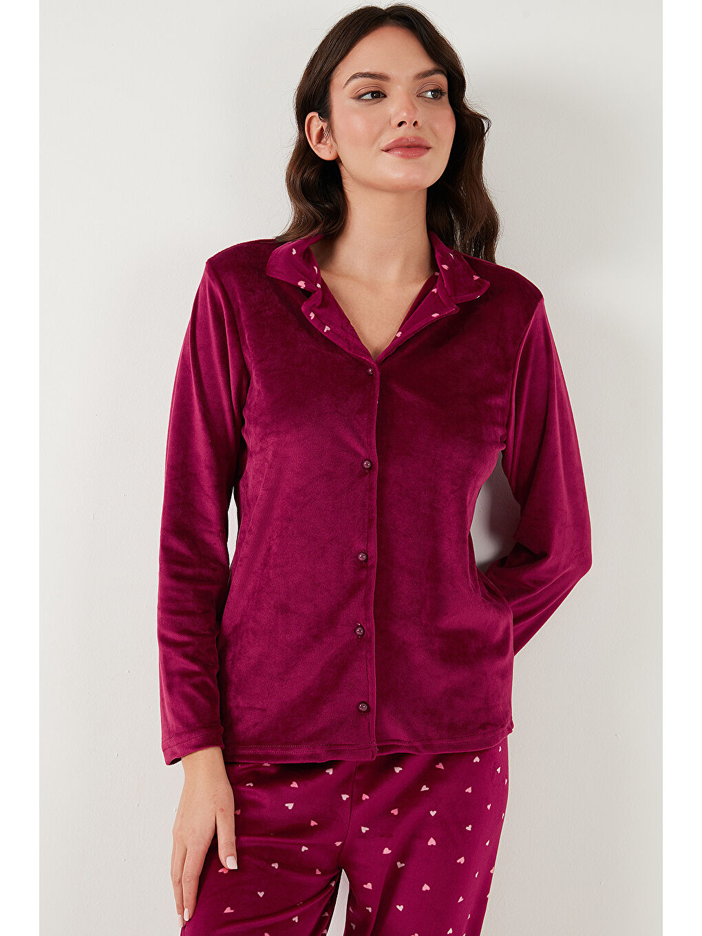 Lela Bordo Regular Fit Desenli Parlak Kadife Kadın Pijama Takımı 65713311 - 2