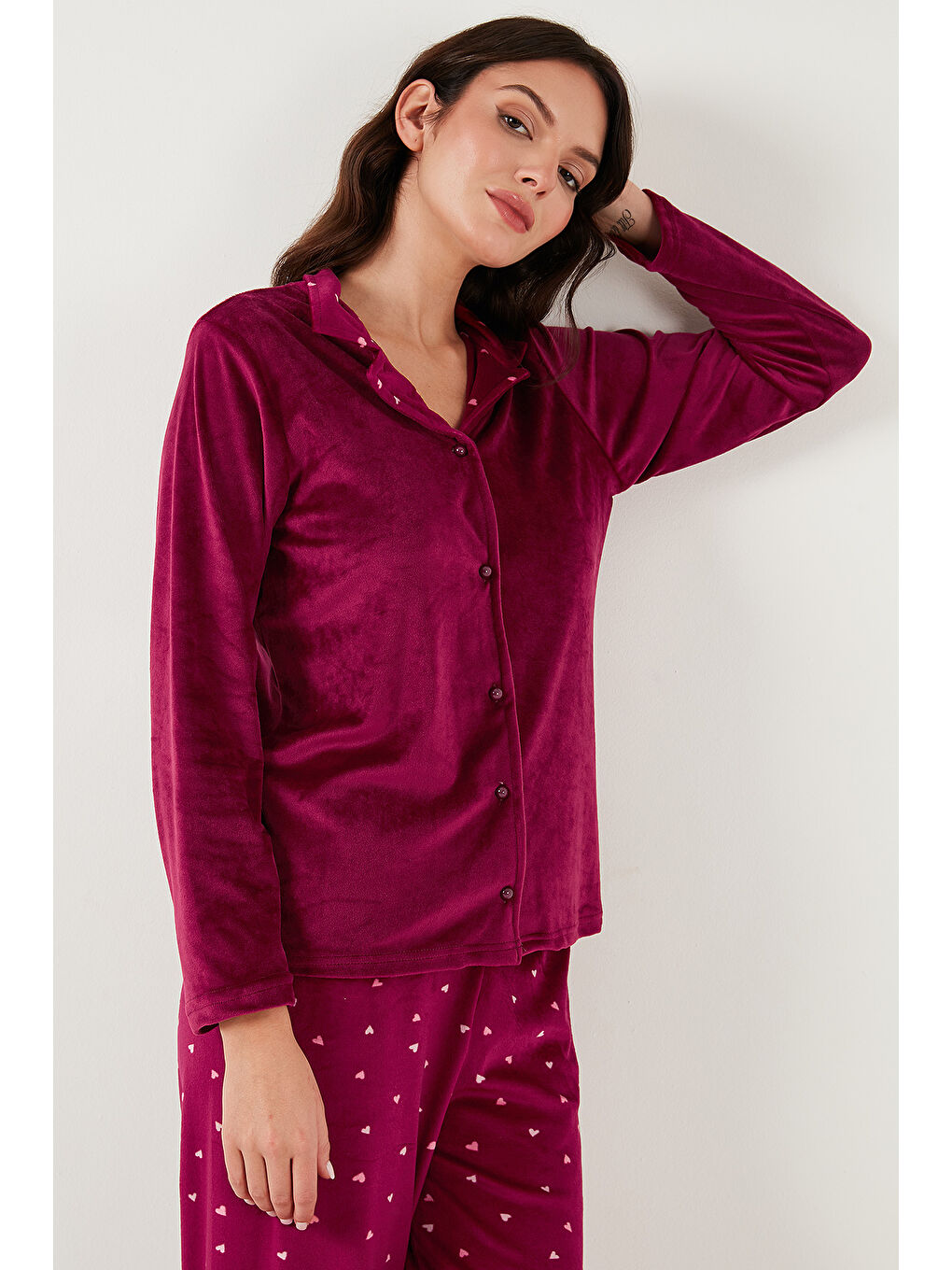 Lela Bordo Regular Fit Desenli Parlak Kadife Kadın Pijama Takımı 65713311 - 3