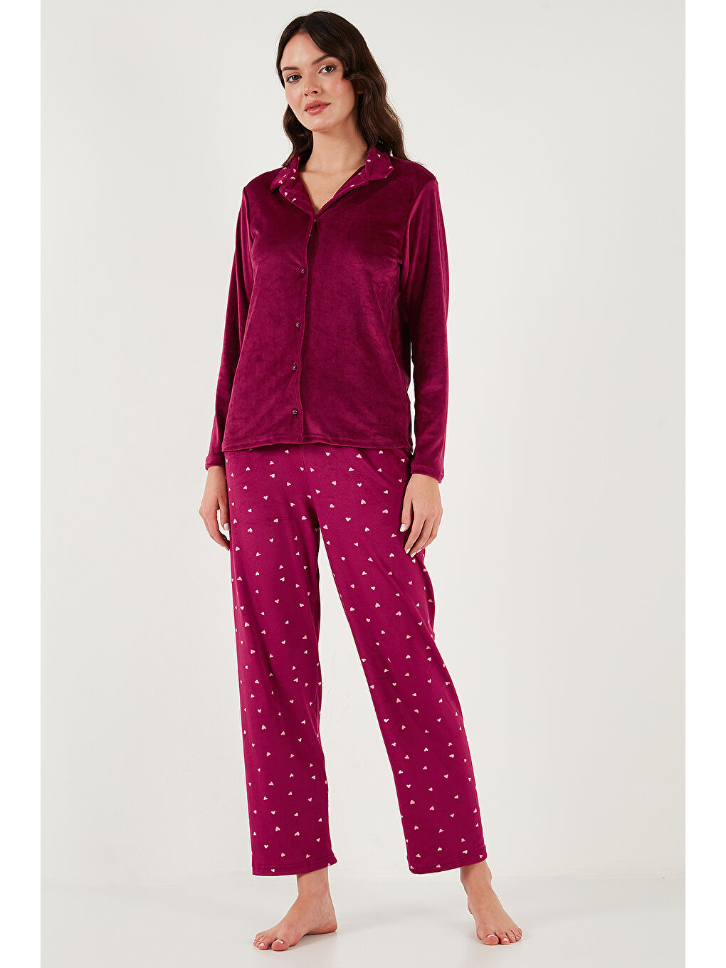 Lela Bordo Regular Fit Desenli Parlak Kadife Kadın Pijama Takımı 65713311 - 4