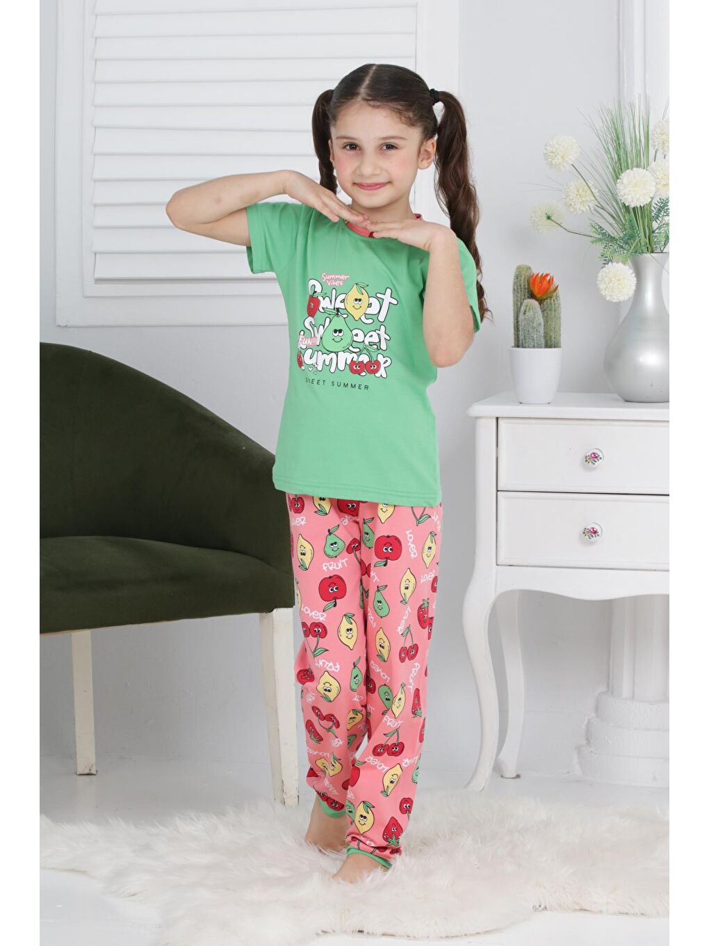 Kapi Kids Fıstık Yeşili Kız Çocuk Meyve Baskılı Pijama Takımı 3-11 Yaş 6073-74