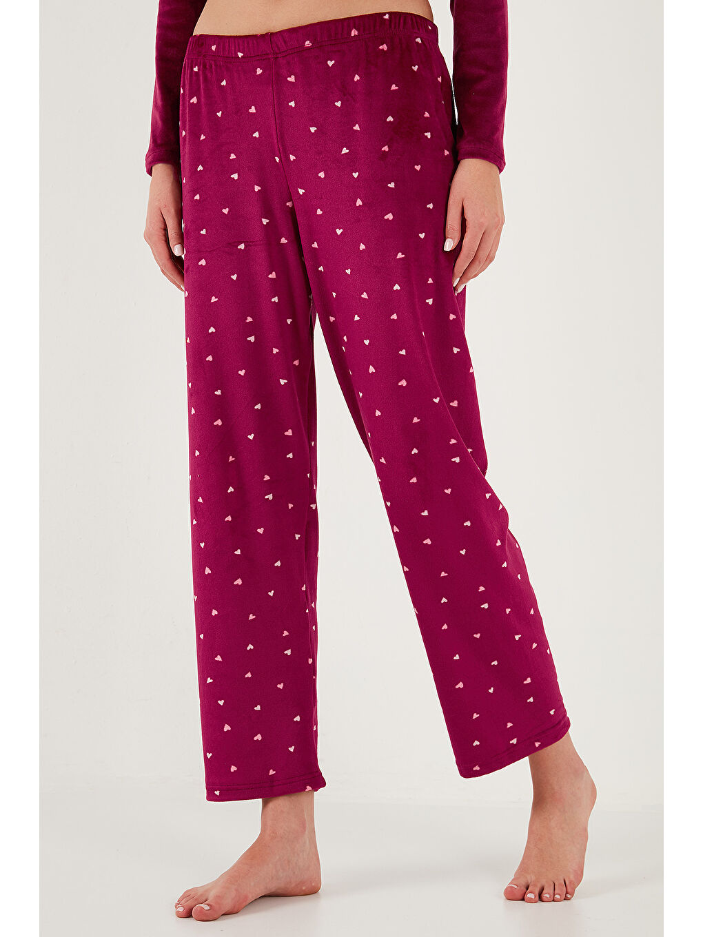 Lela Bordo Regular Fit Desenli Parlak Kadife Kadın Pijama Takımı 65713311 - 5