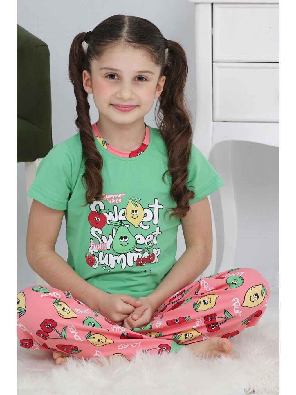 Kapi Kids Fıstık Yeşili Kız Çocuk Meyve Baskılı Pijama Takımı 3-11 Yaş 6073-74 - 1