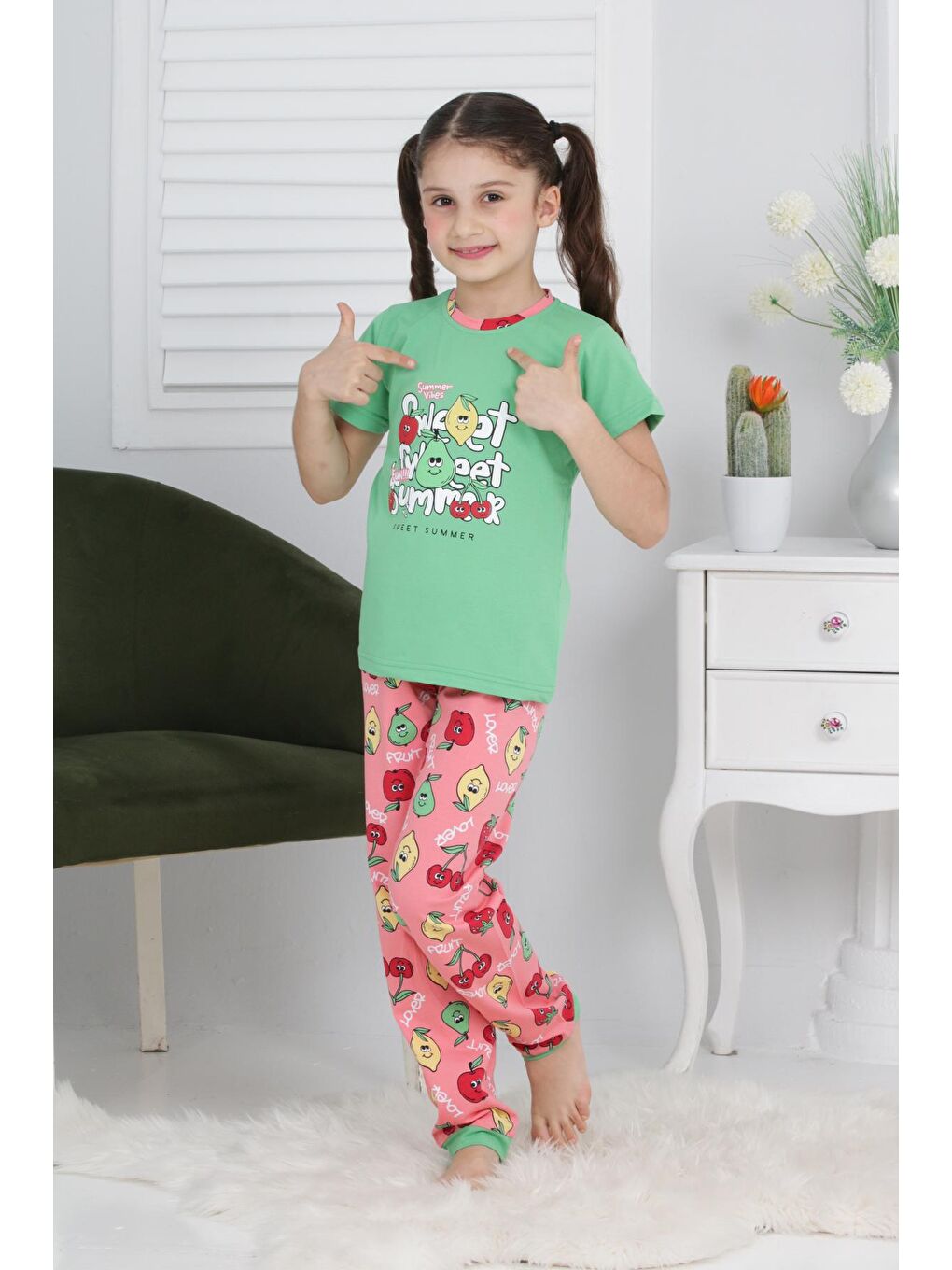 Kapi Kids Fıstık Yeşili Kız Çocuk Meyve Baskılı Pijama Takımı 3-11 Yaş 6073-74 - 2