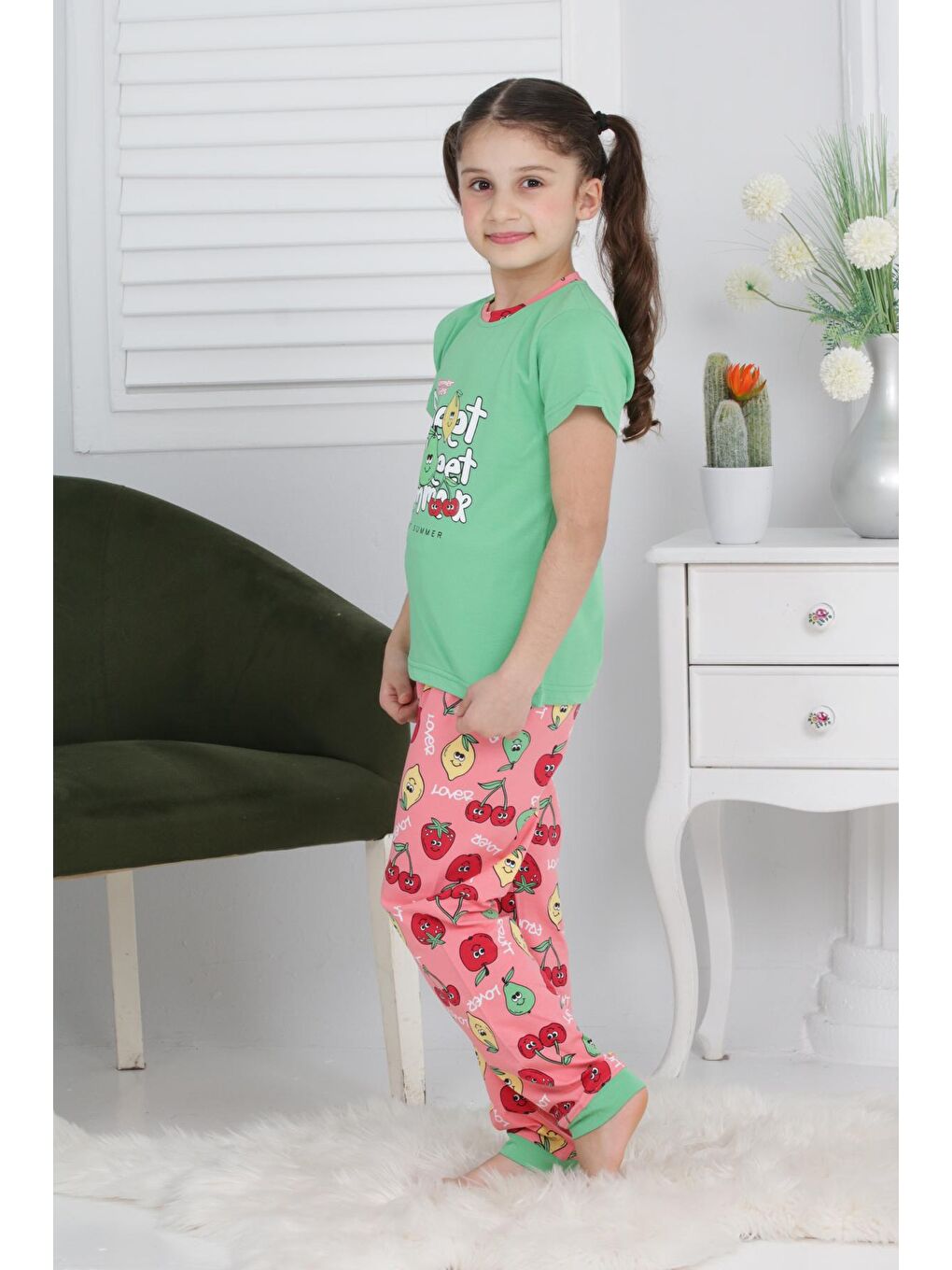 Kapi Kids Fıstık Yeşili Kız Çocuk Meyve Baskılı Pijama Takımı 3-11 Yaş 6073-74 - 3