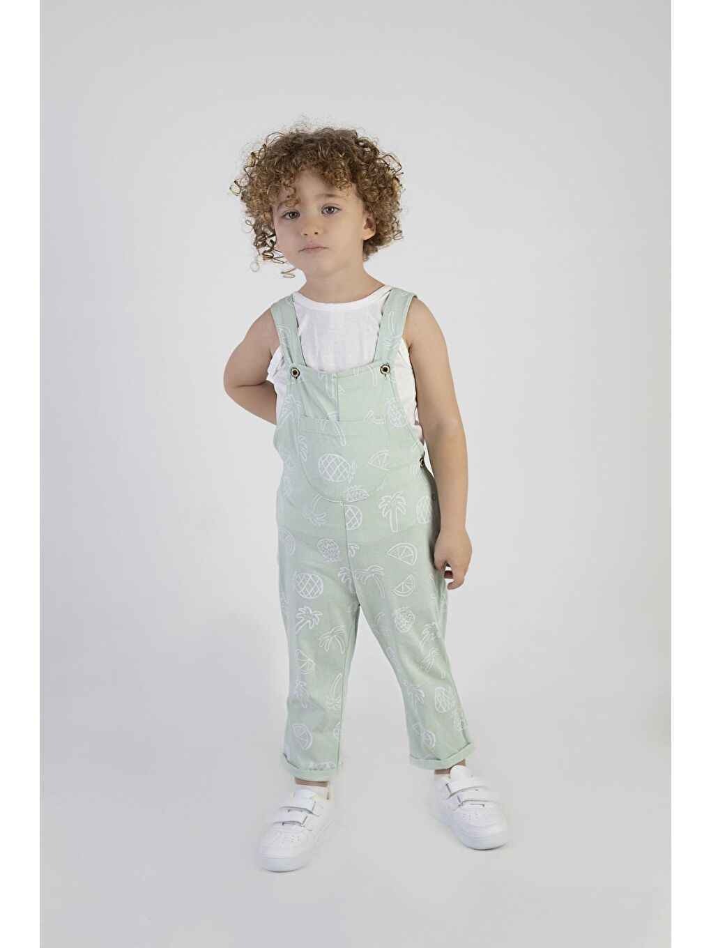 Yeşil Erkek Çocuk  Pamuk Kumaş  Kolsuz Salopet Tulum-3