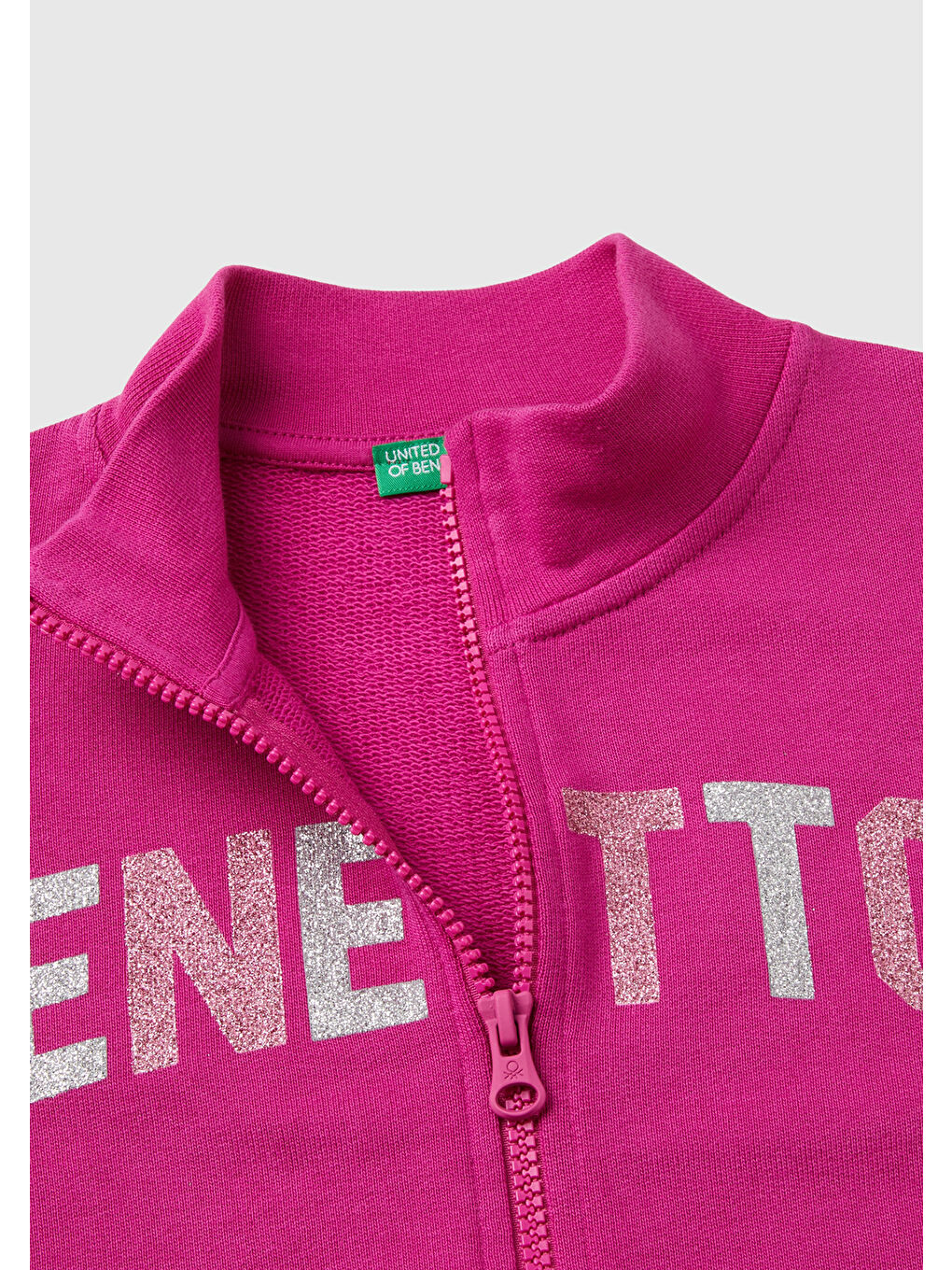 United Colors Of Benetton Fuşya Kız Çocuk Fuşya Parıltılı Logo Baskılı Fermuarlı Cepli Yüksek Yaka Sweatshirt - 2