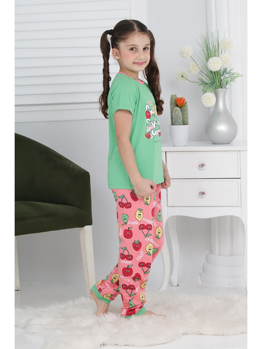 Kapi Kids Fıstık Yeşili Kız Çocuk Meyve Baskılı Pijama Takımı 3-11 Yaş 6073-74 - 4