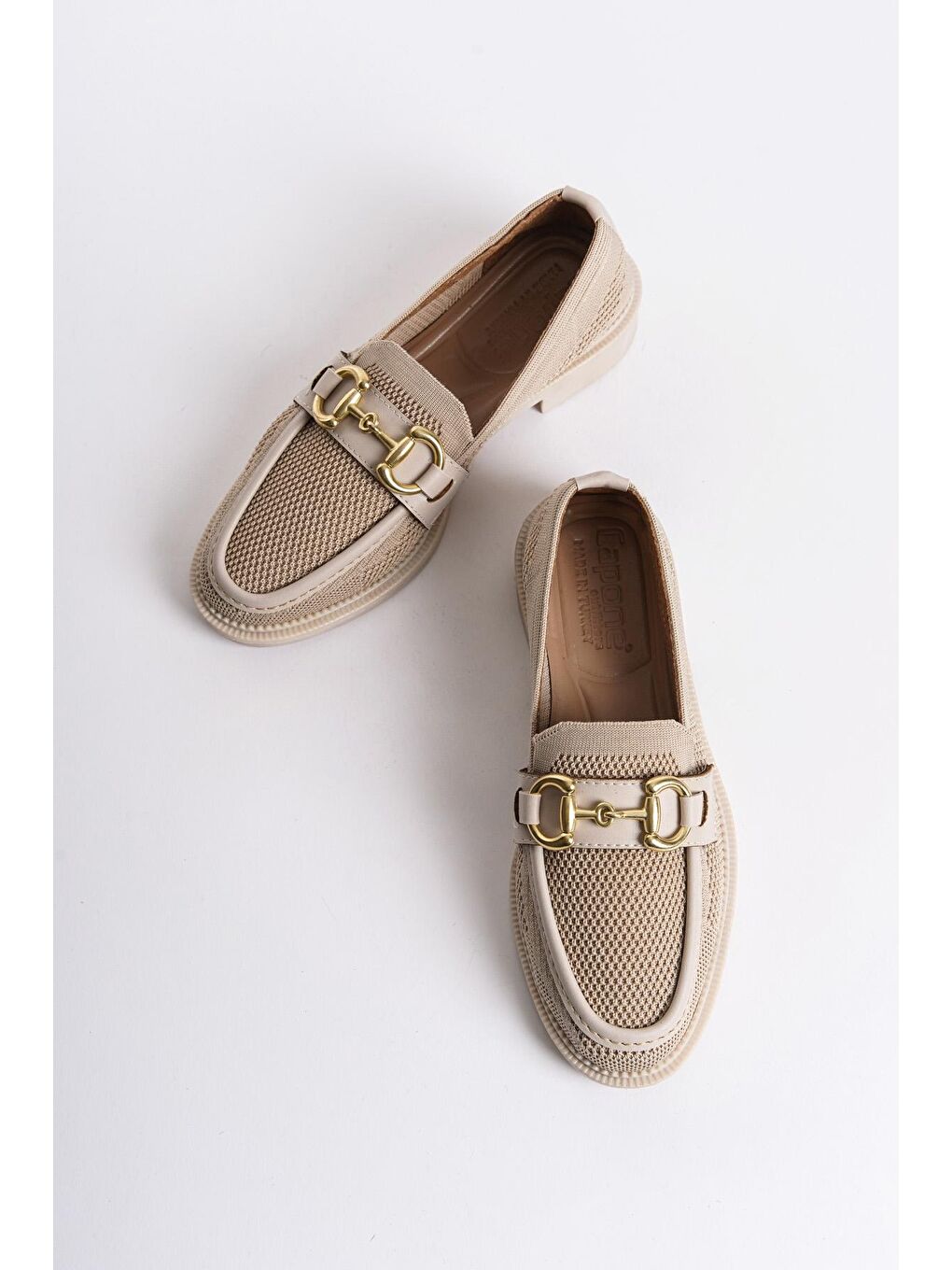 Bej Triko Metal Tokalı Kadın Loafer Ayakkabı