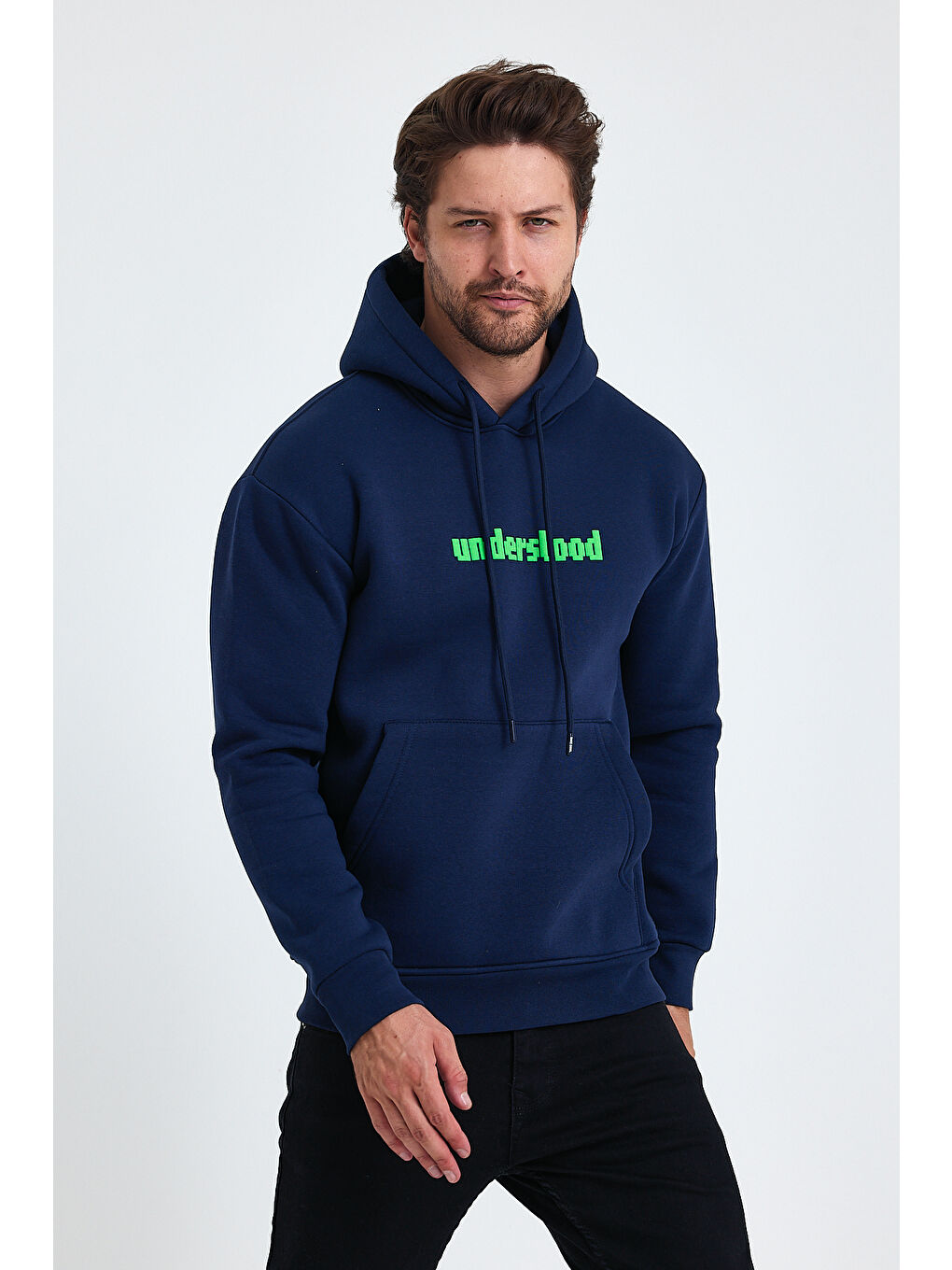 Tarz Cool Lacivert Erkek Standart Fit Normal Kesim Içi Polarlı 3 Iplik Kapüşonlu Pamuklu Sweatshirt