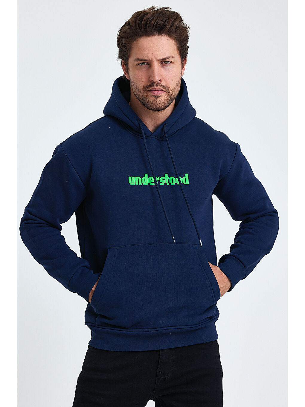 Tarz Cool Lacivert Erkek Standart Fit Normal Kesim Içi Polarlı 3 Iplik Kapüşonlu Pamuklu Sweatshirt - 1