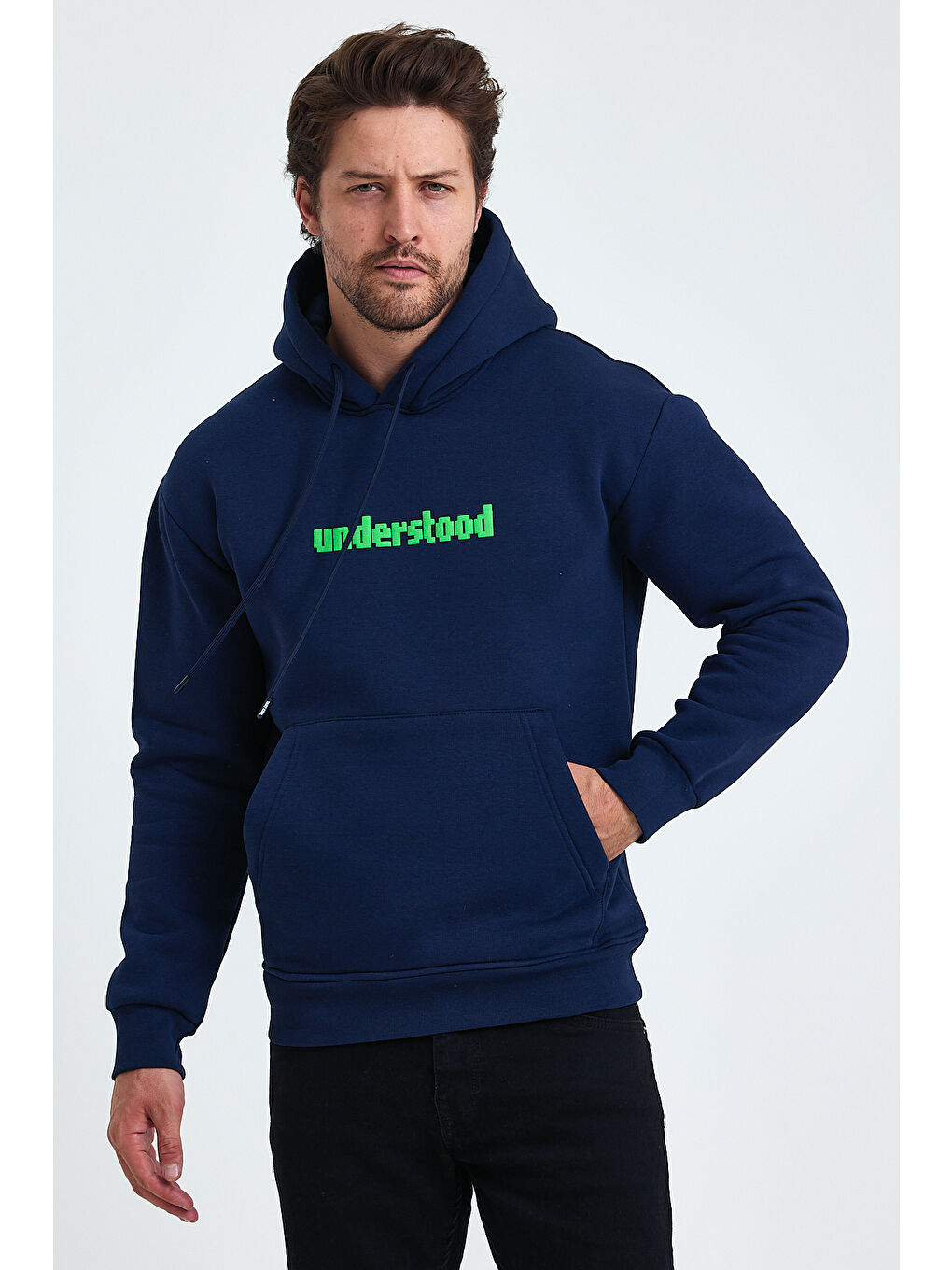 Tarz Cool Lacivert Erkek Standart Fit Normal Kesim Içi Polarlı 3 Iplik Kapüşonlu Pamuklu Sweatshirt - 2