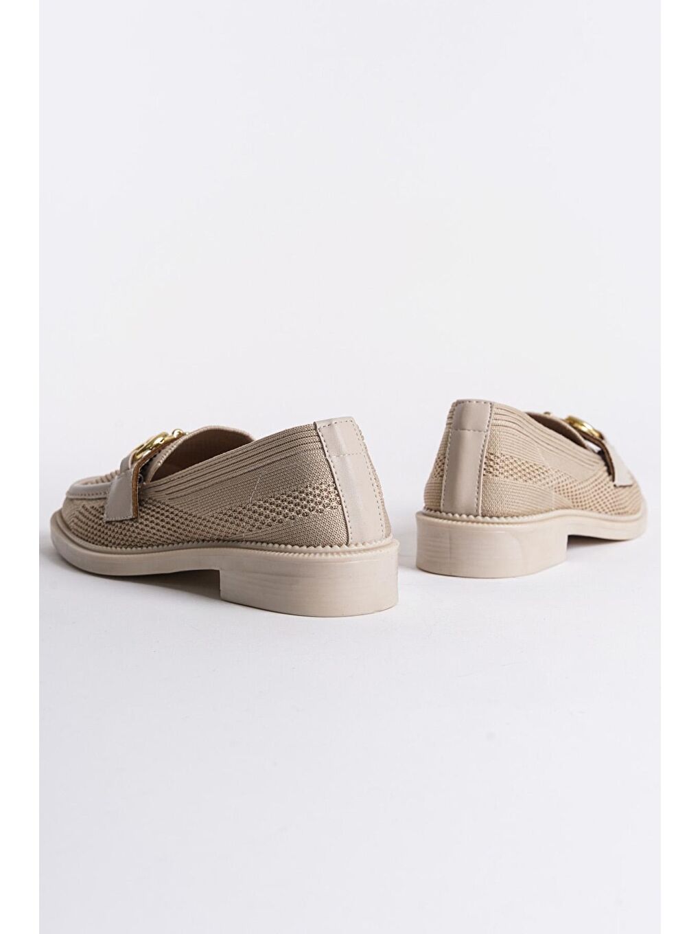 Bej Triko Metal Tokalı Kadın Loafer Ayakkabı-2