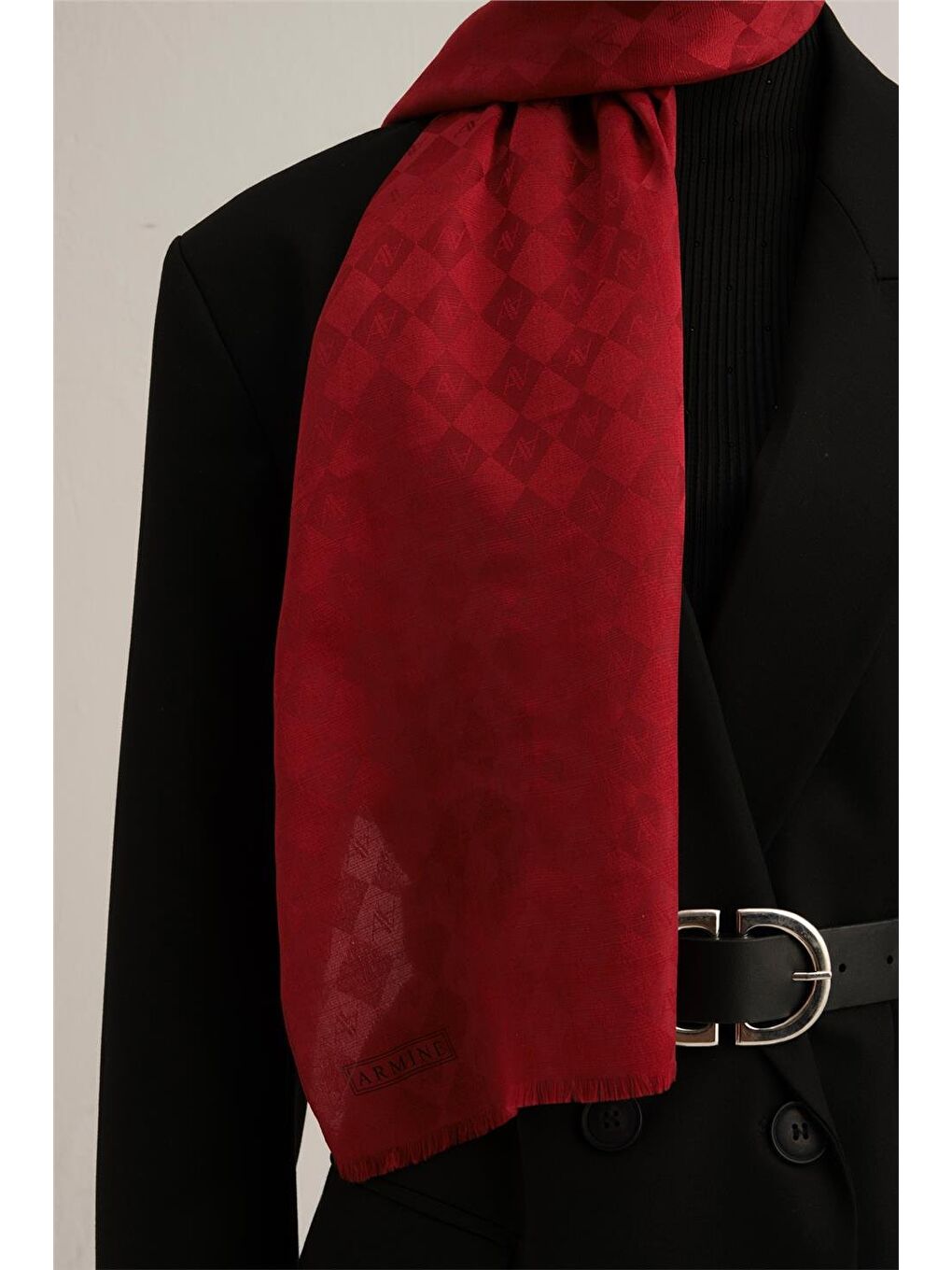 Kırmızı Jakarlı İpek Pamuk Kare Monogram Şal 11174-1