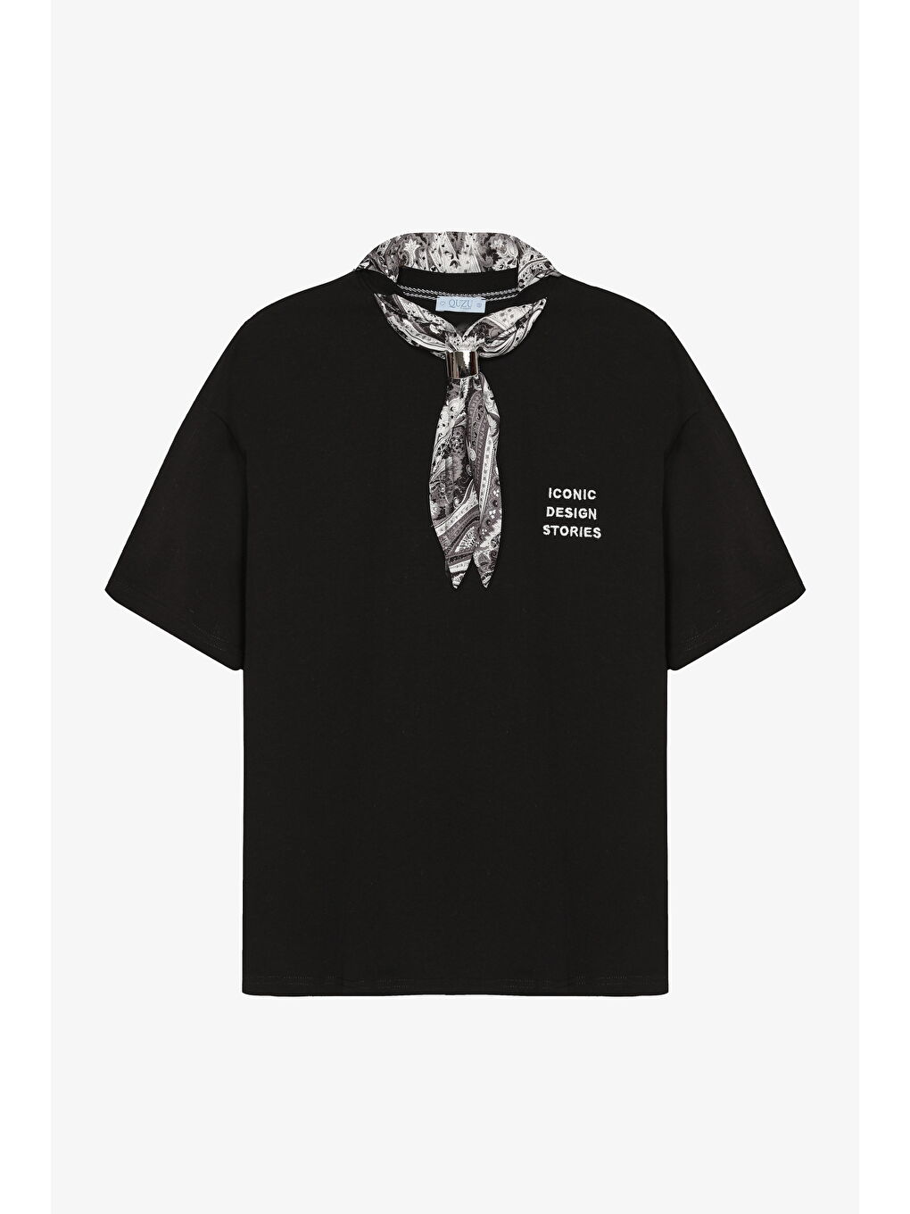 Fularlı Yazı Nakışlı Oversize Tişört Siyah