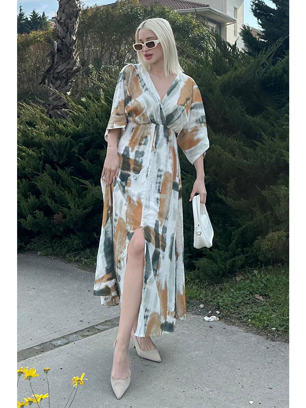 Sarı Hardal Desenli Yırtmaç Detaylı Uzun Elbise Mg2323-2