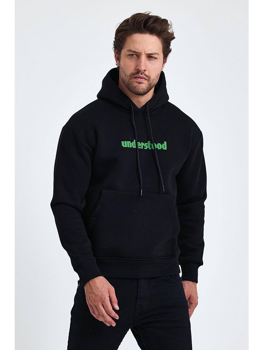 Tarz Cool Siyah Erkek Standart Fit Normal Kesim Içi Polarlı 3 Iplik Kapüşonlu Pamuklu Sweatshirt