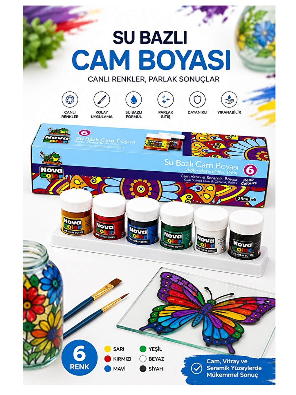 Cam Boyası 6 Renk 30 Ml 1 Paket Nova Color Cam Vitray Boyası Vitray Boya Seti 6 Lı Canlı Renkler