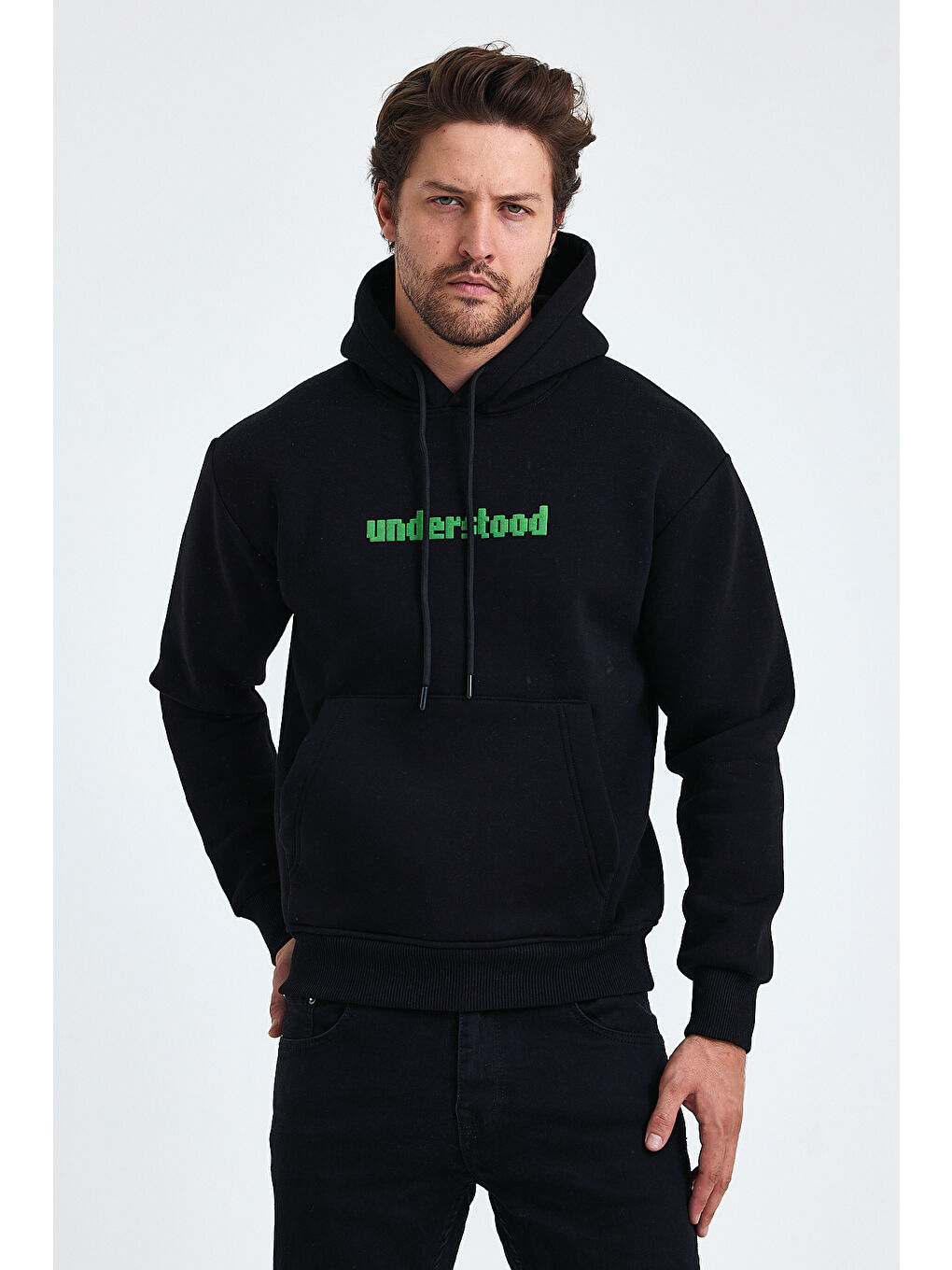 Tarz Cool Siyah Erkek Standart Fit Normal Kesim Içi Polarlı 3 Iplik Kapüşonlu Pamuklu Sweatshirt - 1