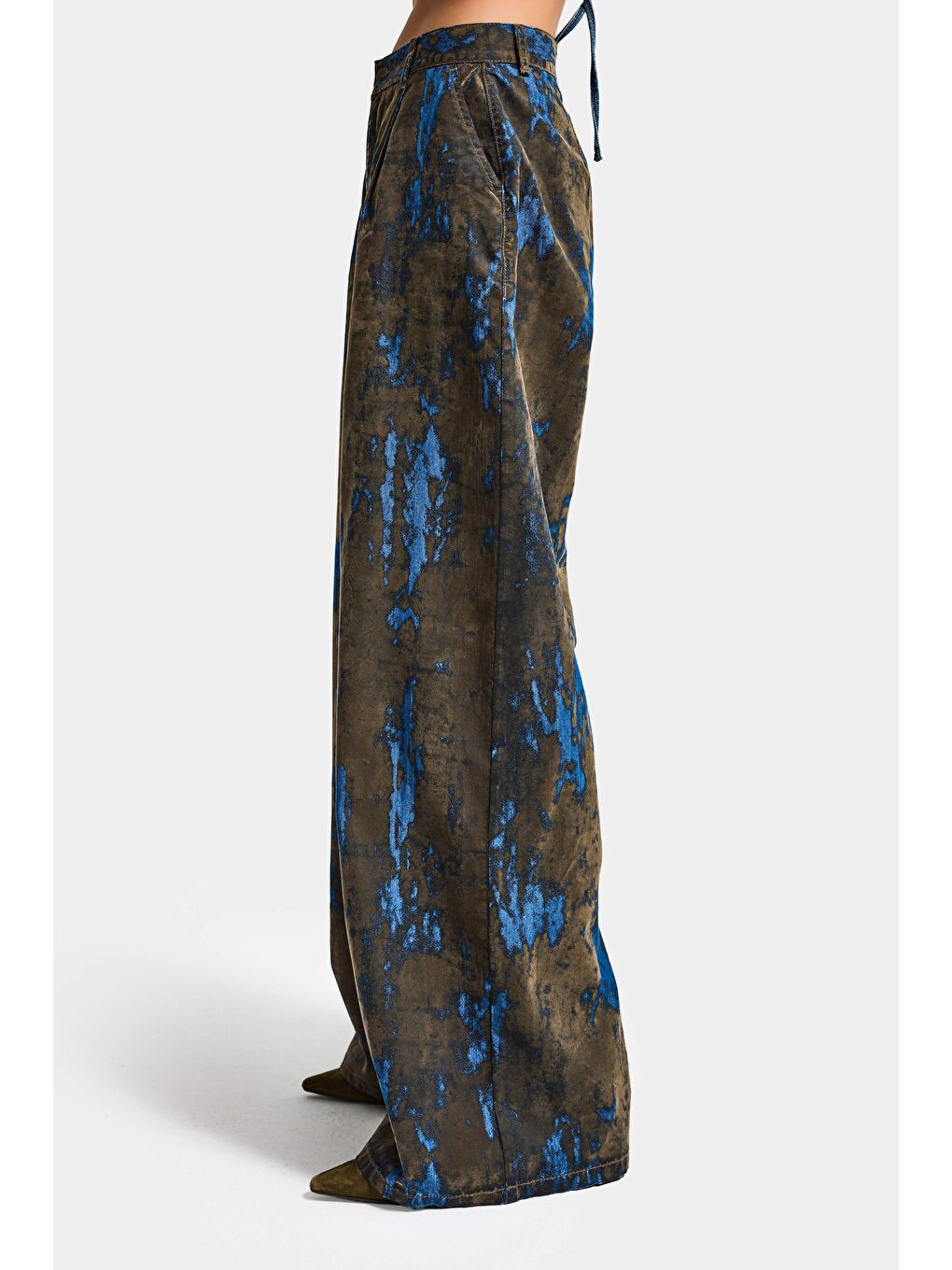 Kahverengi Kadın Kahve Mavi 1s6-15 Palazzo Fit Bol Kesim Özel Flok Kumaş Tasarım Denim Jean-1