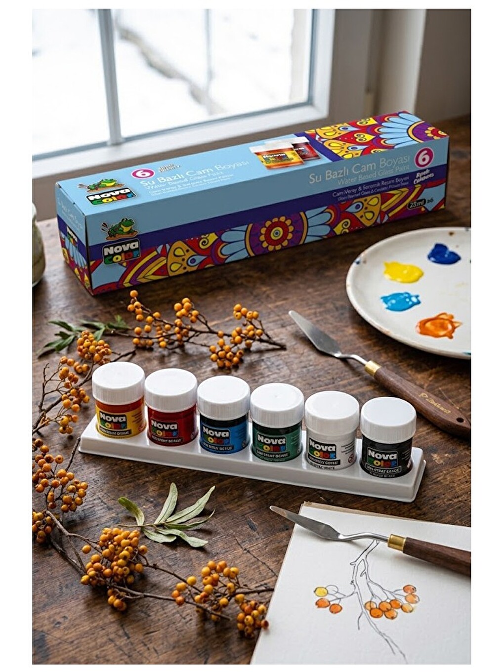 Cam Boyası 6 Renk 30 Ml 1 Paket Nova Color Cam Vitray Boyası Vitray Boya Seti 6 Lı Canlı Renkler-1