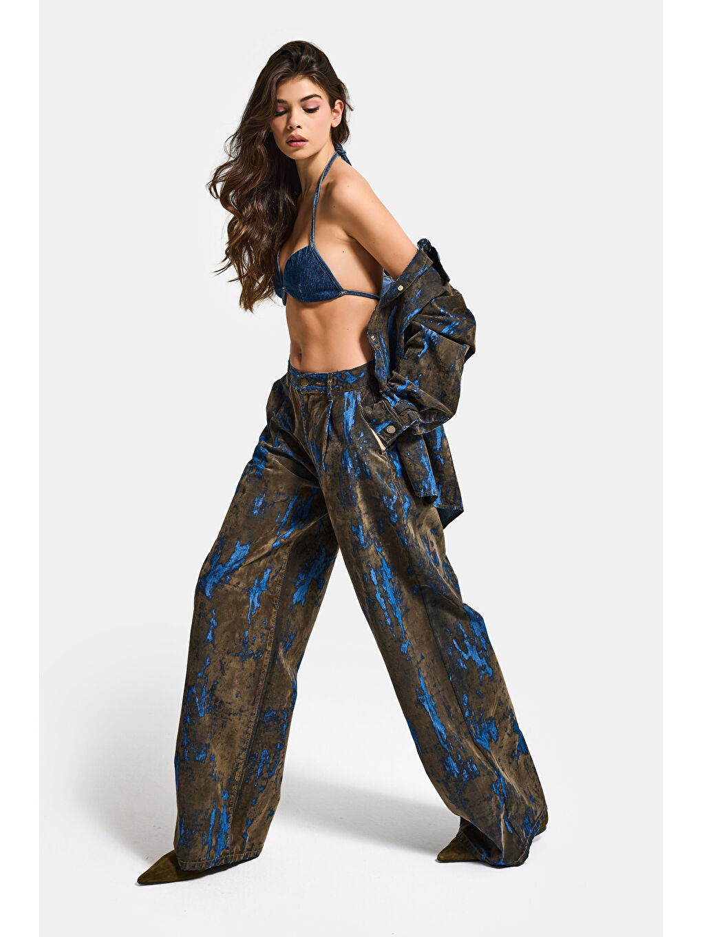 Kahverengi Kadın Kahve Mavi 1s6-15 Palazzo Fit Bol Kesim Özel Flok Kumaş Tasarım Denim Jean-2