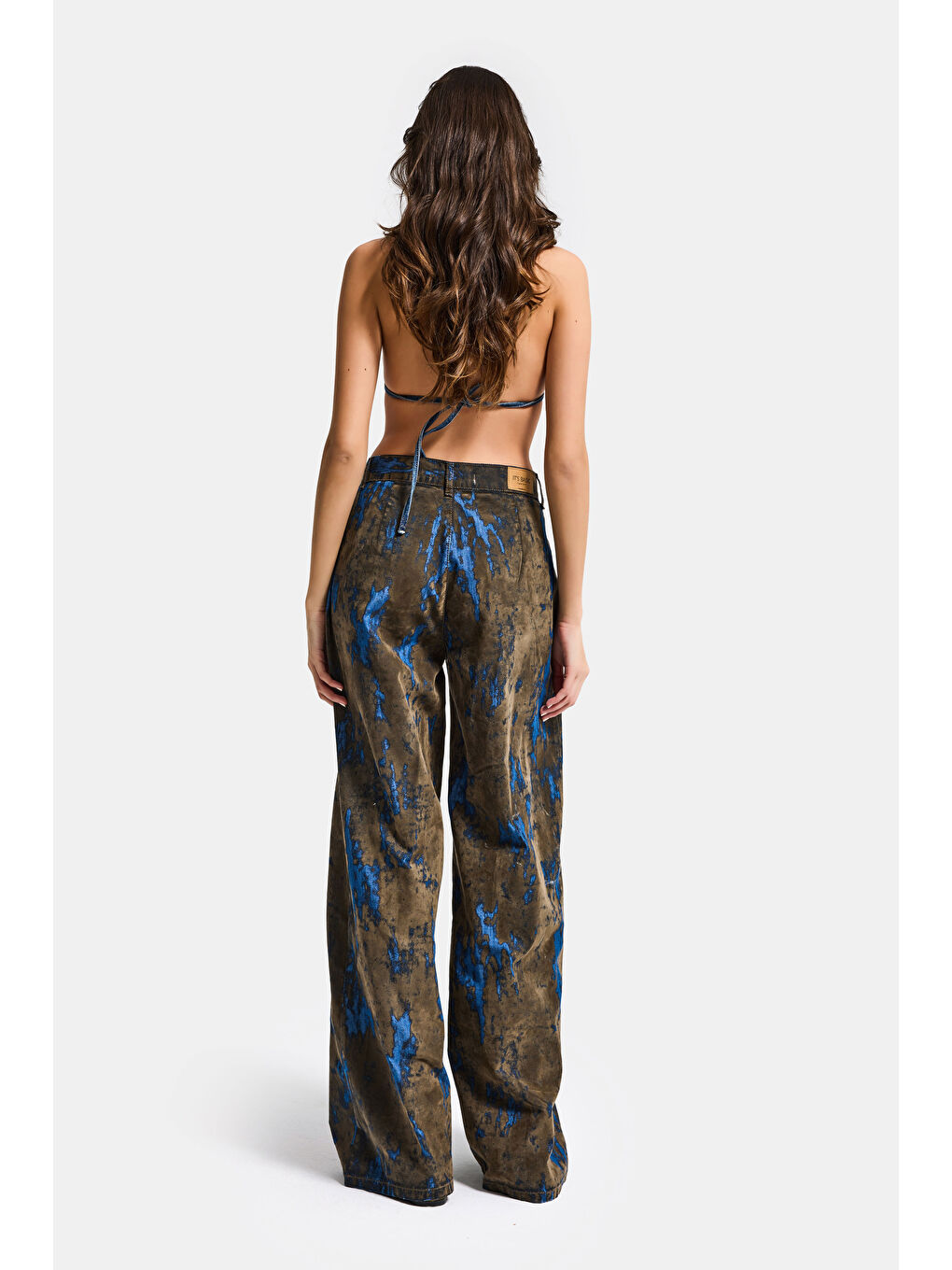 Kahverengi Kadın Kahve Mavi 1s6-15 Palazzo Fit Bol Kesim Özel Flok Kumaş Tasarım Denim Jean-4