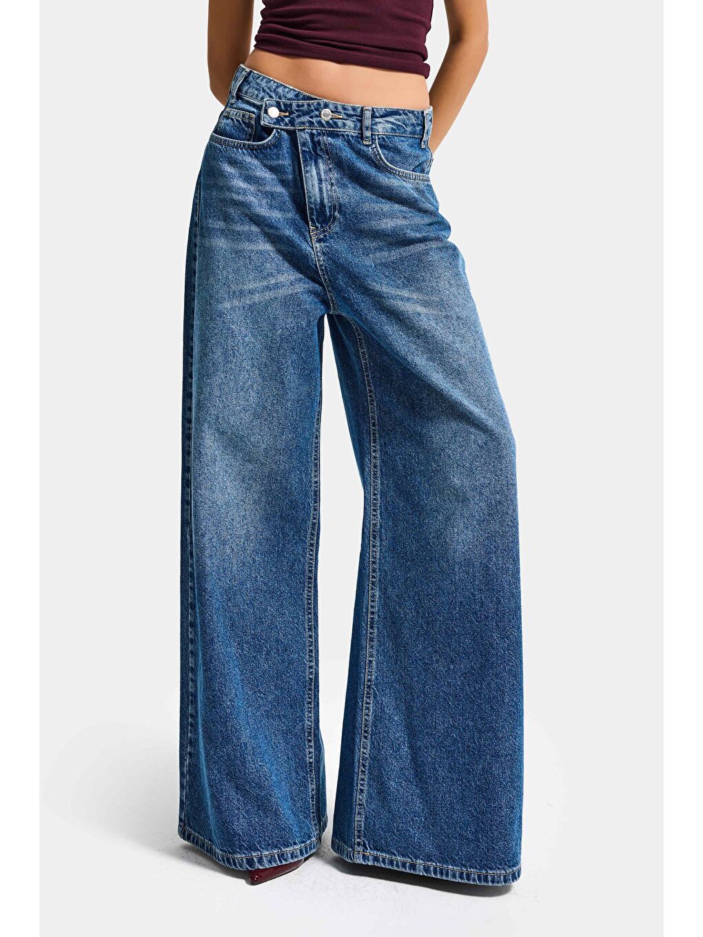 Kadın Mavi 2s6-4 Mega Baggy Fit Kemer Detaylı Bol Kesim Denim Jean