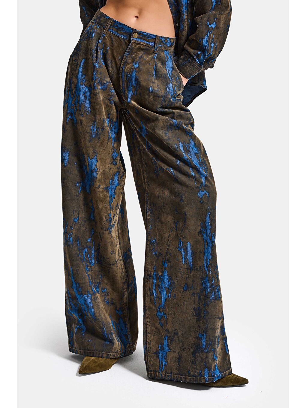 Kahverengi Kadın Kahve Mavi 1s6-15 Palazzo Fit Bol Kesim Özel Flok Kumaş Tasarım Denim Jean-6