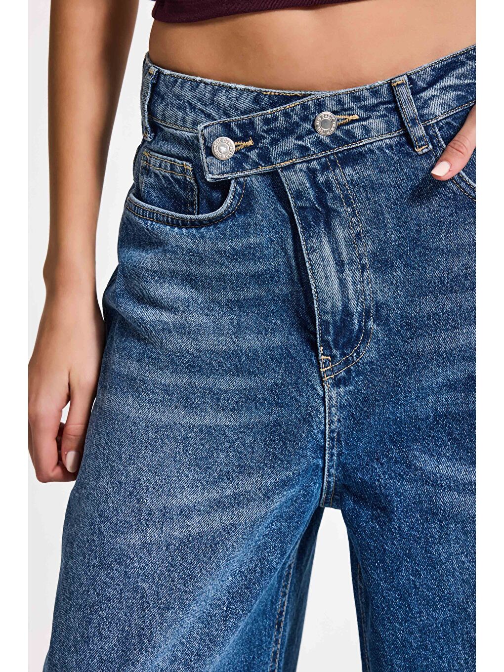 Kadın Mavi 2s6-4 Mega Baggy Fit Kemer Detaylı Bol Kesim Denim Jean-1