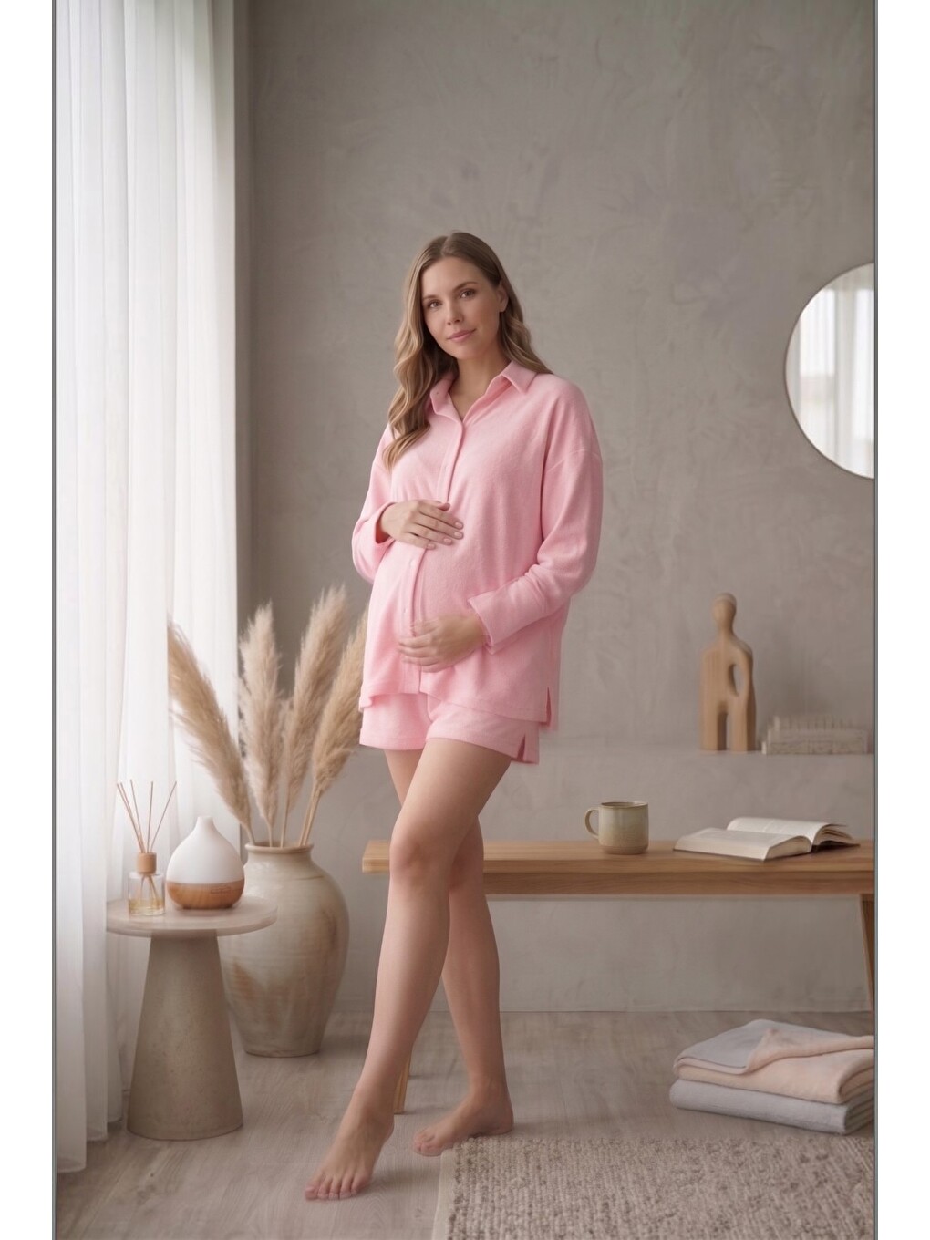Pembe Fiji %100 Pamuk Havlu Kumaş Bel Lastikli Rahat Kalıp Cep Detaylı Hamile ve Lohusa Şort-6