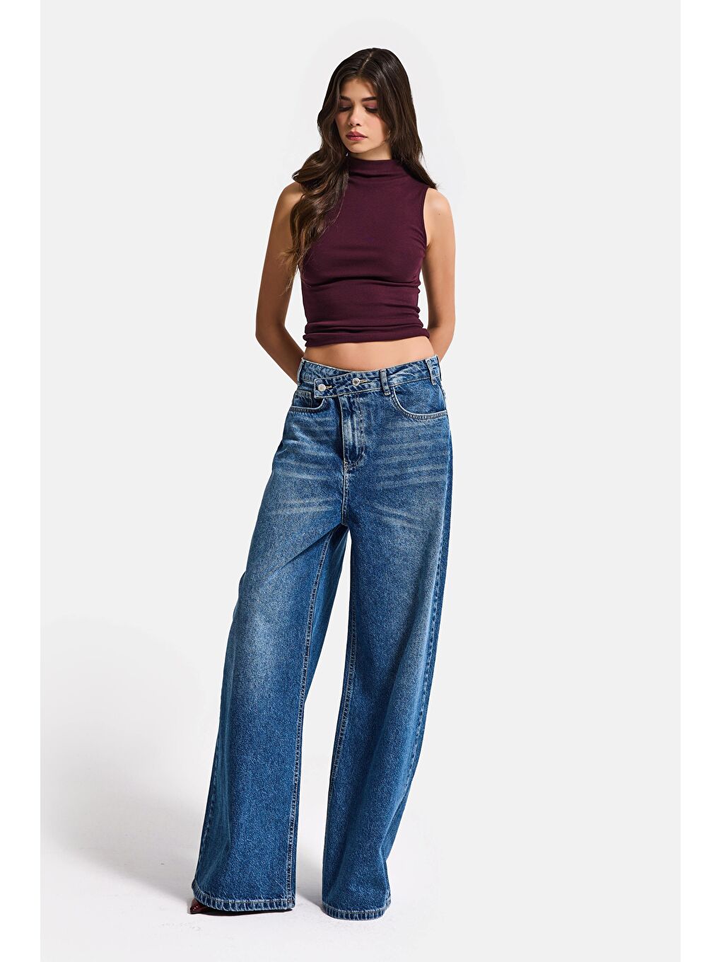 Kadın Mavi 2s6-4 Mega Baggy Fit Kemer Detaylı Bol Kesim Denim Jean-2
