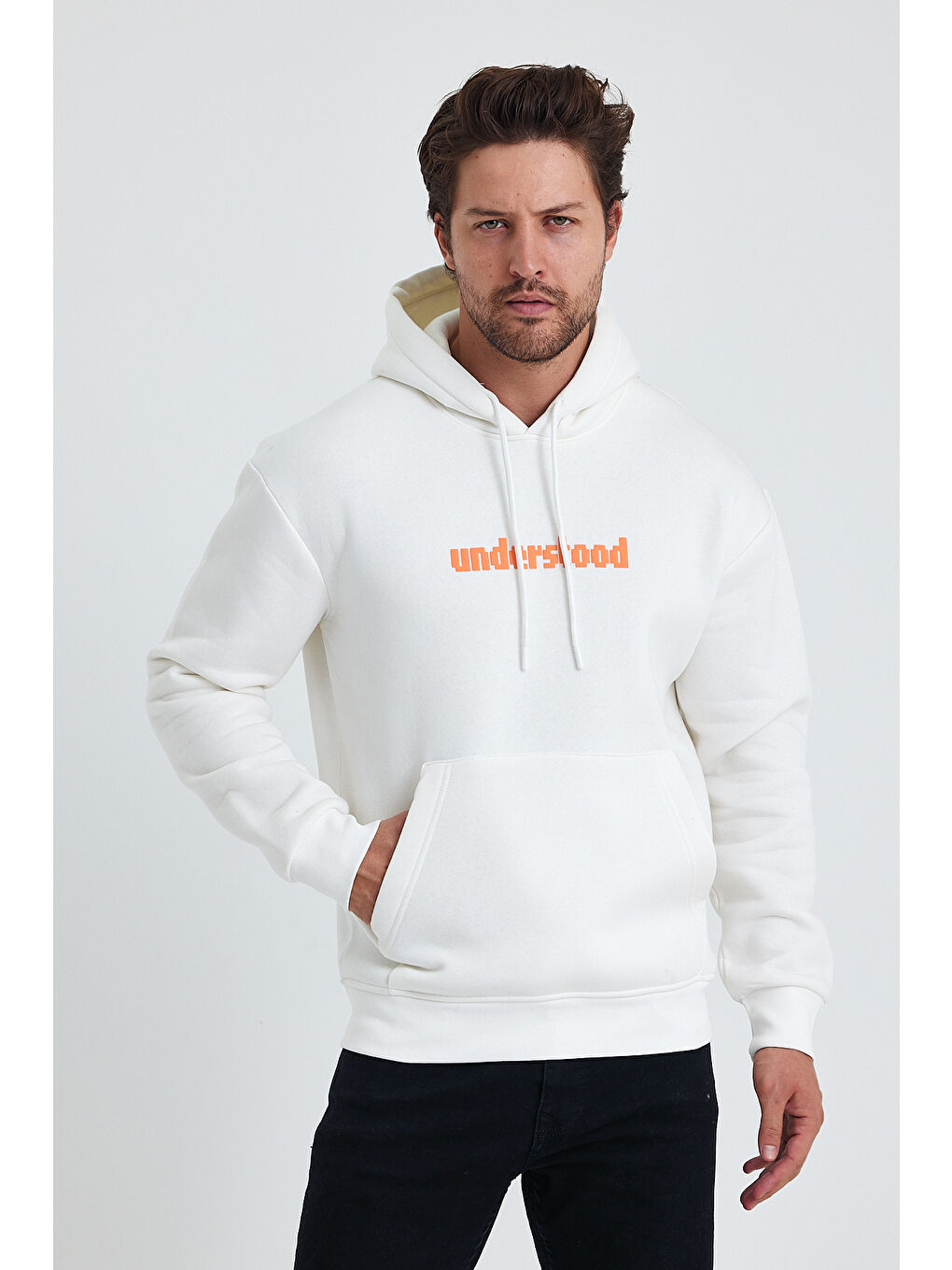 Tarz Cool Beyaz Erkek Standart Fit Normal Kesim Içi Polarlı 3 Iplik Kapüşonlu Pamuklu Sweatshirt