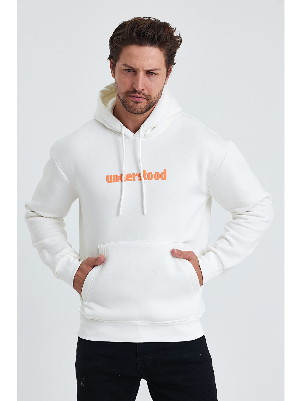 Tarz Cool Beyaz Erkek Standart Fit Normal Kesim Içi Polarlı 3 Iplik Kapüşonlu Pamuklu Sweatshirt - 1