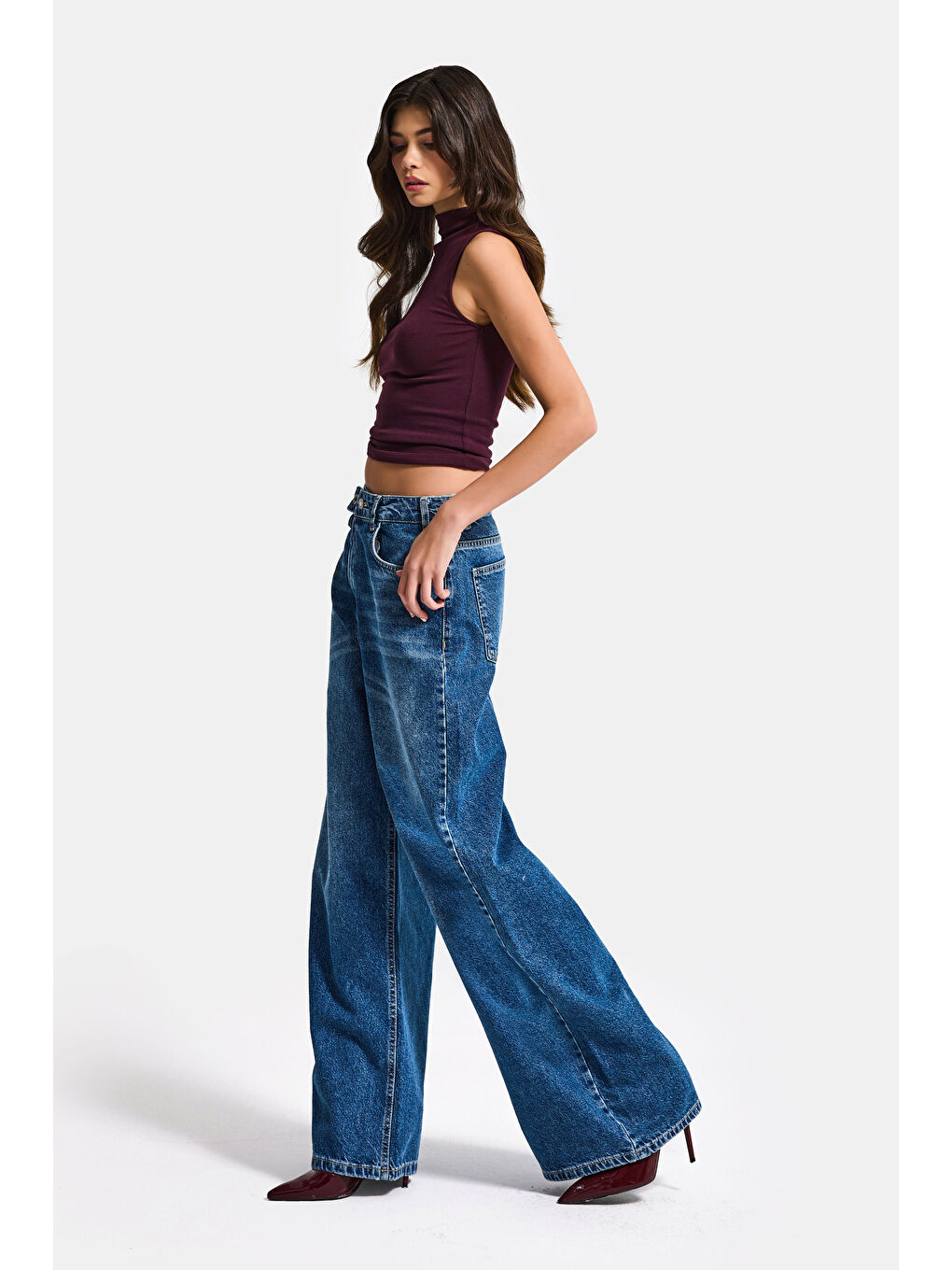 Kadın Mavi 2s6-4 Mega Baggy Fit Kemer Detaylı Bol Kesim Denim Jean-6