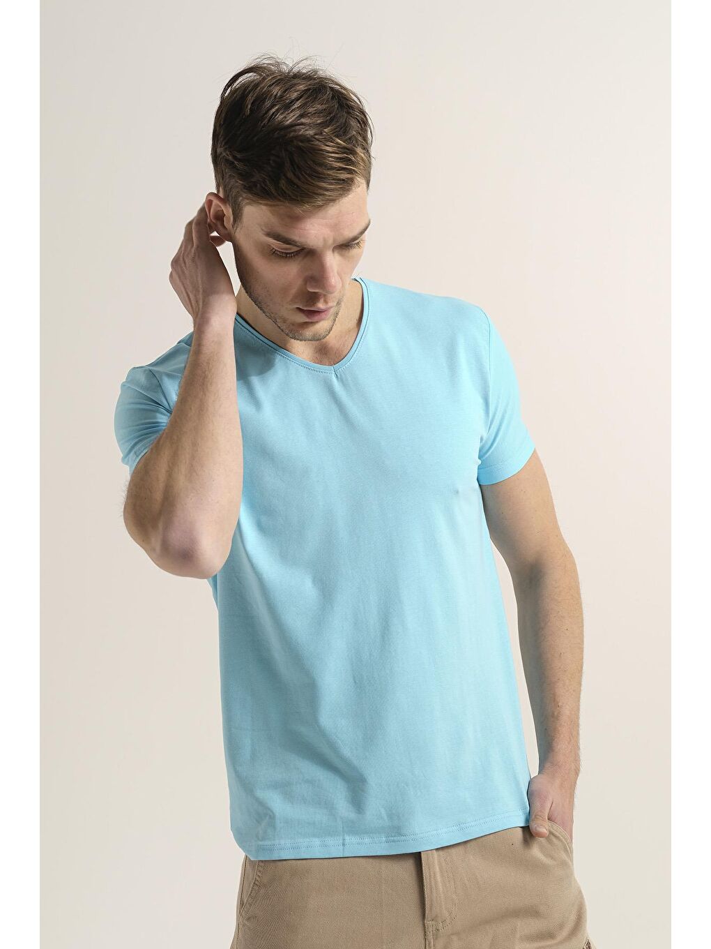 Turkuaz V Yaka Slim Fit Basic Erkek Tişört-1