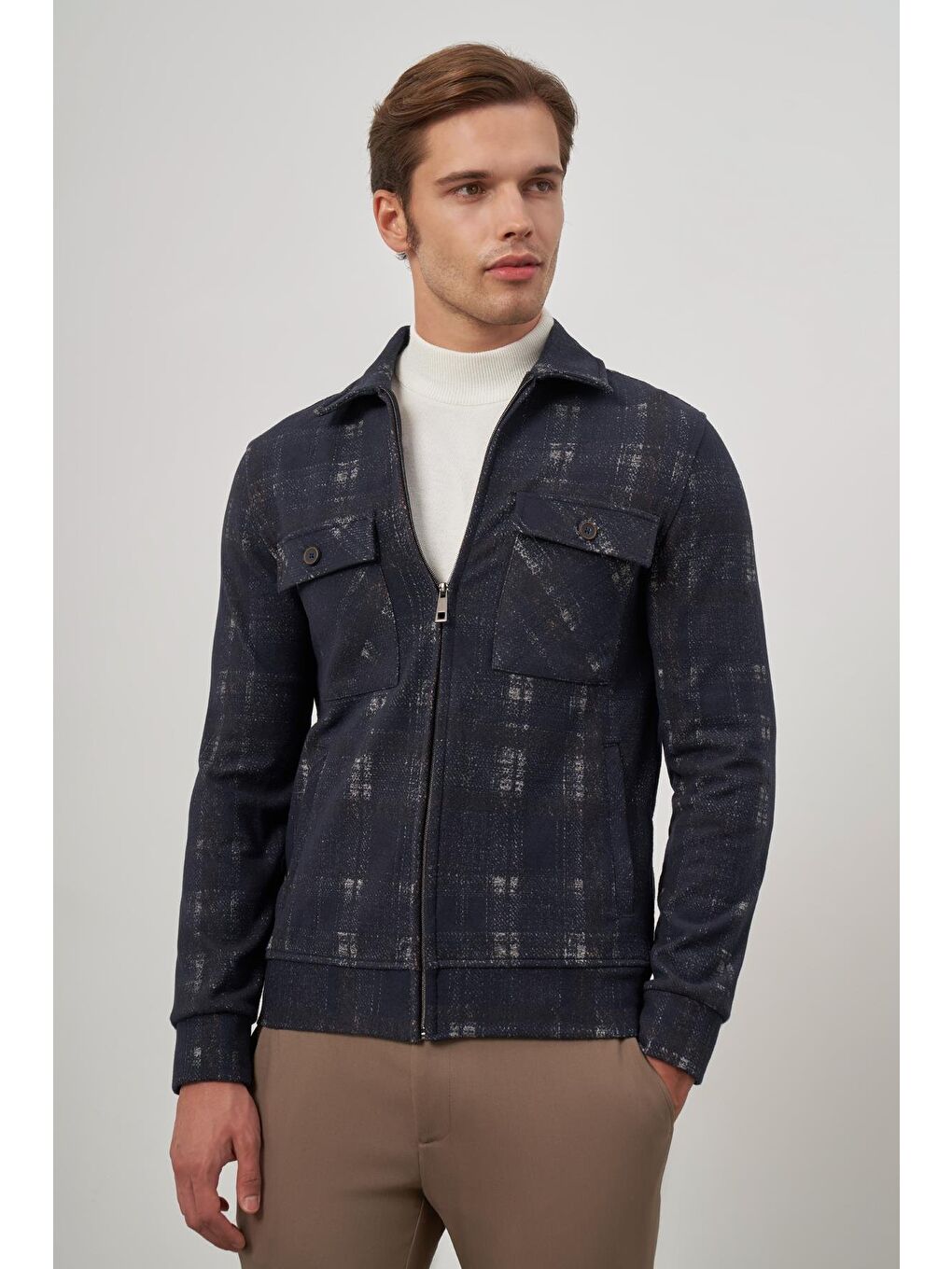 Koyu Lacivert Örme Bebe Yaka Kendinden Desenli Yırtmaçsız Astarsız Slim Fit Classic Mont 1007245157