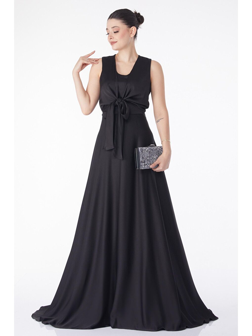 Düz Bisiklet Yaka Kadın Siyah Önden Bağlamalı Abiye Elbise - 25226-1