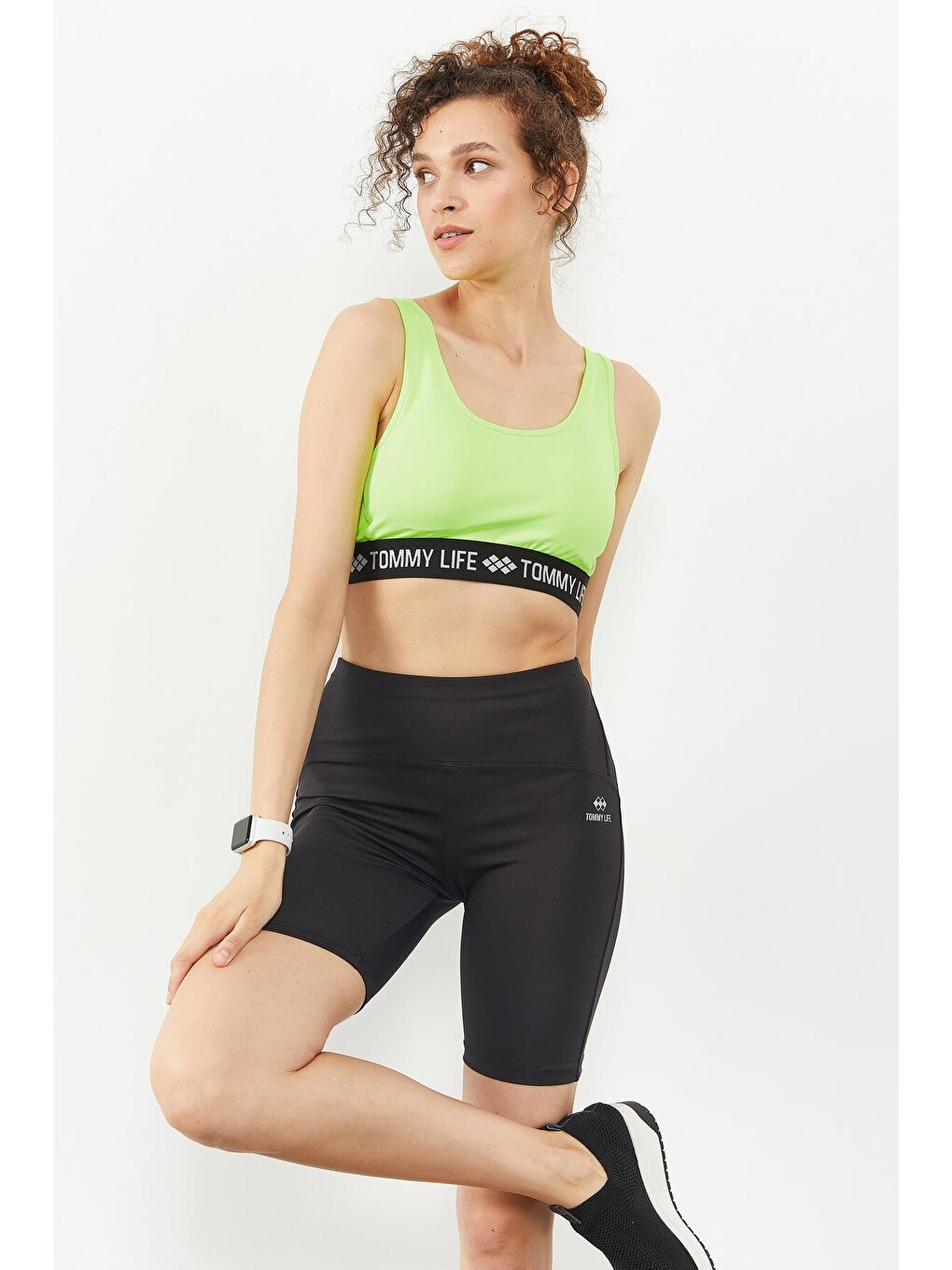 Neon Sarı Yazı Şeritli Standart Kalıp U Yaka Kadın Spor Büstiyer - 97113-3