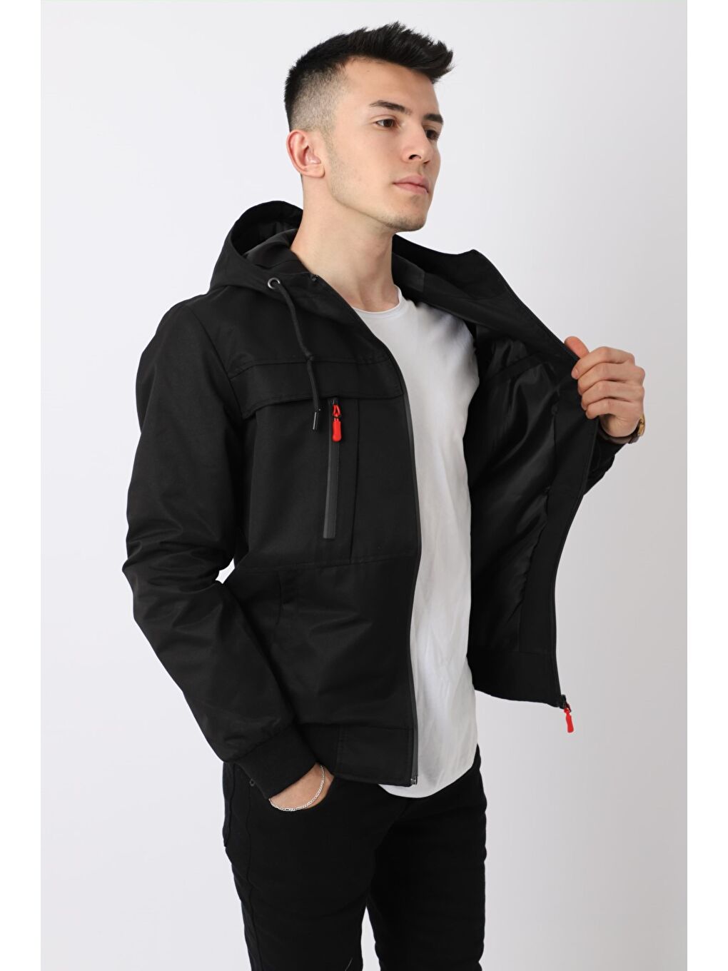 Siyah Çift Göğüs Fermuarlı Yağmurluk Mont BL1244-1