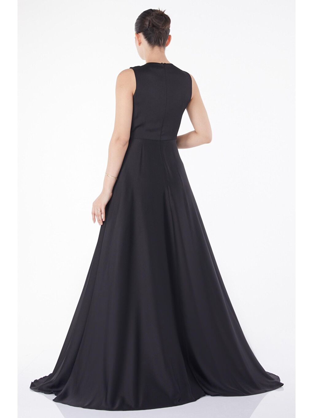 Düz Bisiklet Yaka Kadın Siyah Önden Bağlamalı Abiye Elbise - 25226-4