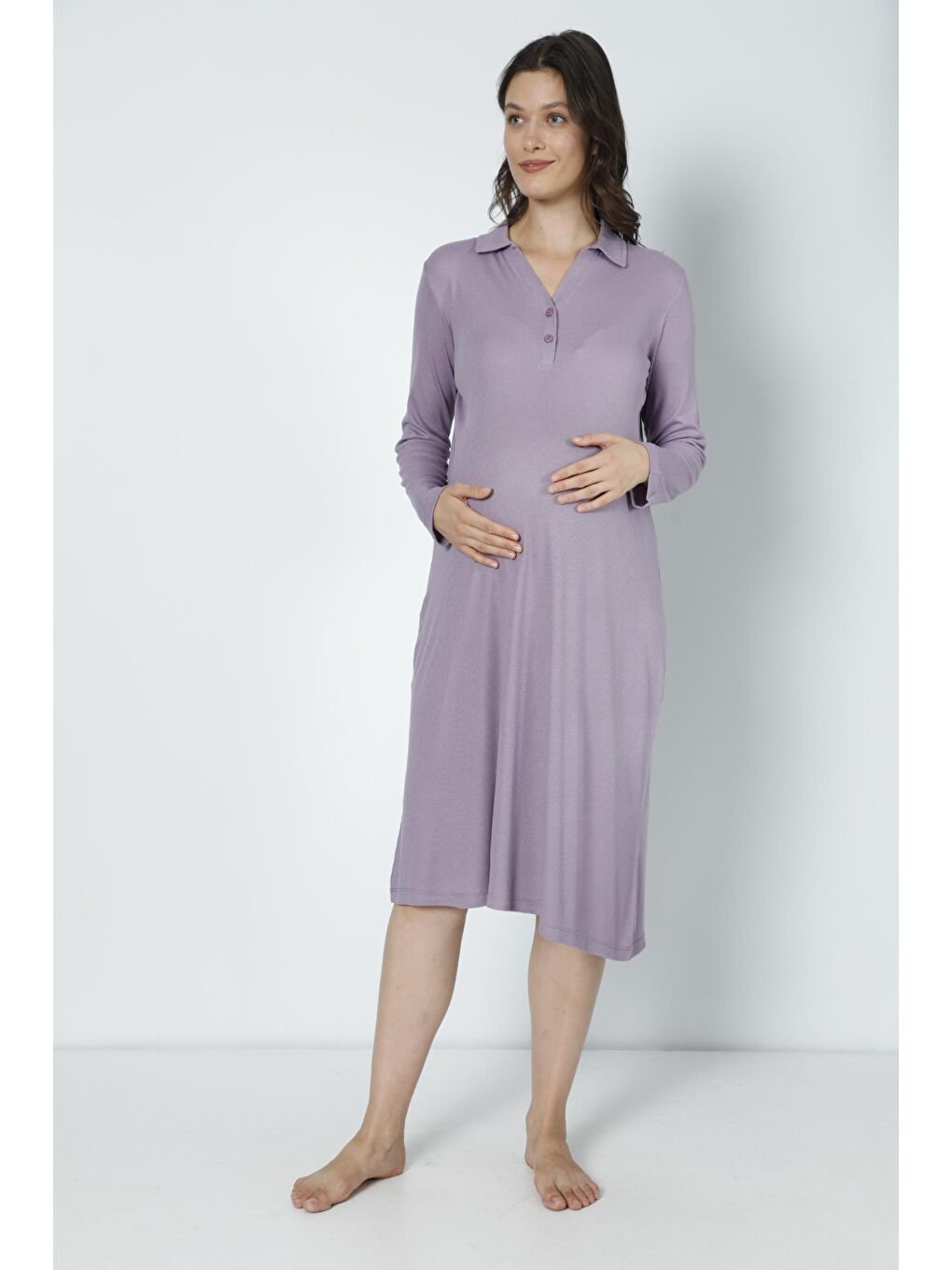 Lila Pamuk Fittilli Örme Kumaş Hamile ve Lohusa Uzun Kol Gecelik-1