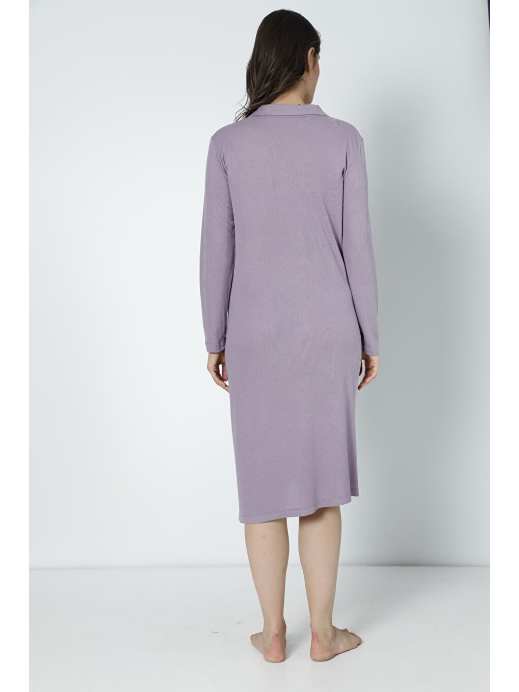 Lila Pamuk Fittilli Örme Kumaş Hamile ve Lohusa Uzun Kol Gecelik-3