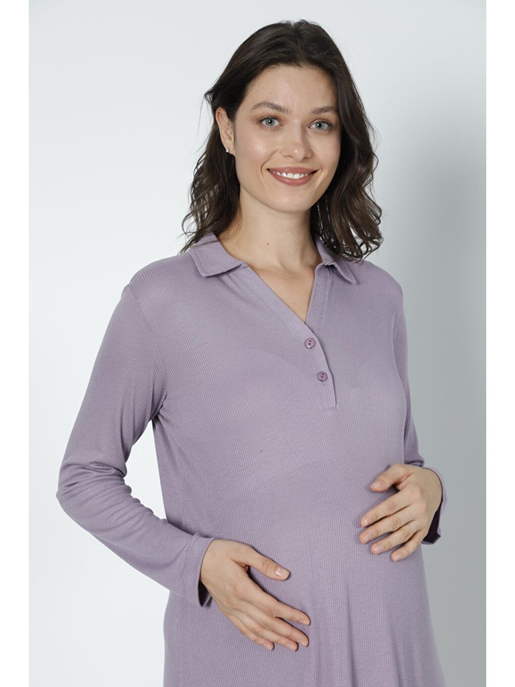 Lila Pamuk Fittilli Örme Kumaş Hamile ve Lohusa Uzun Kol Gecelik-5