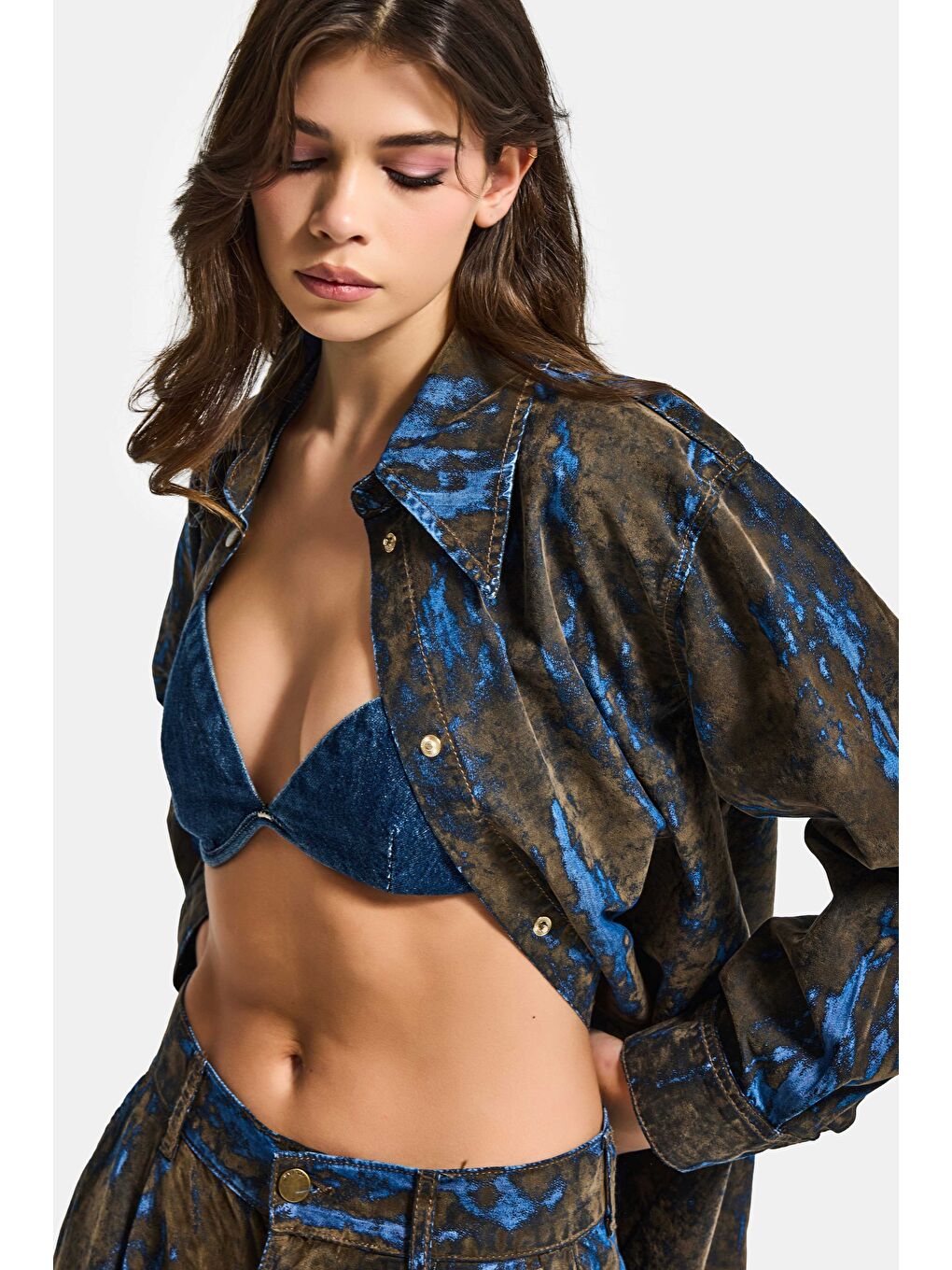 Kahverengi Kadın Kahve Mavi 1s6-15 Oversize Özel Flok Kumaş Tasarım Denim Gömlek-2