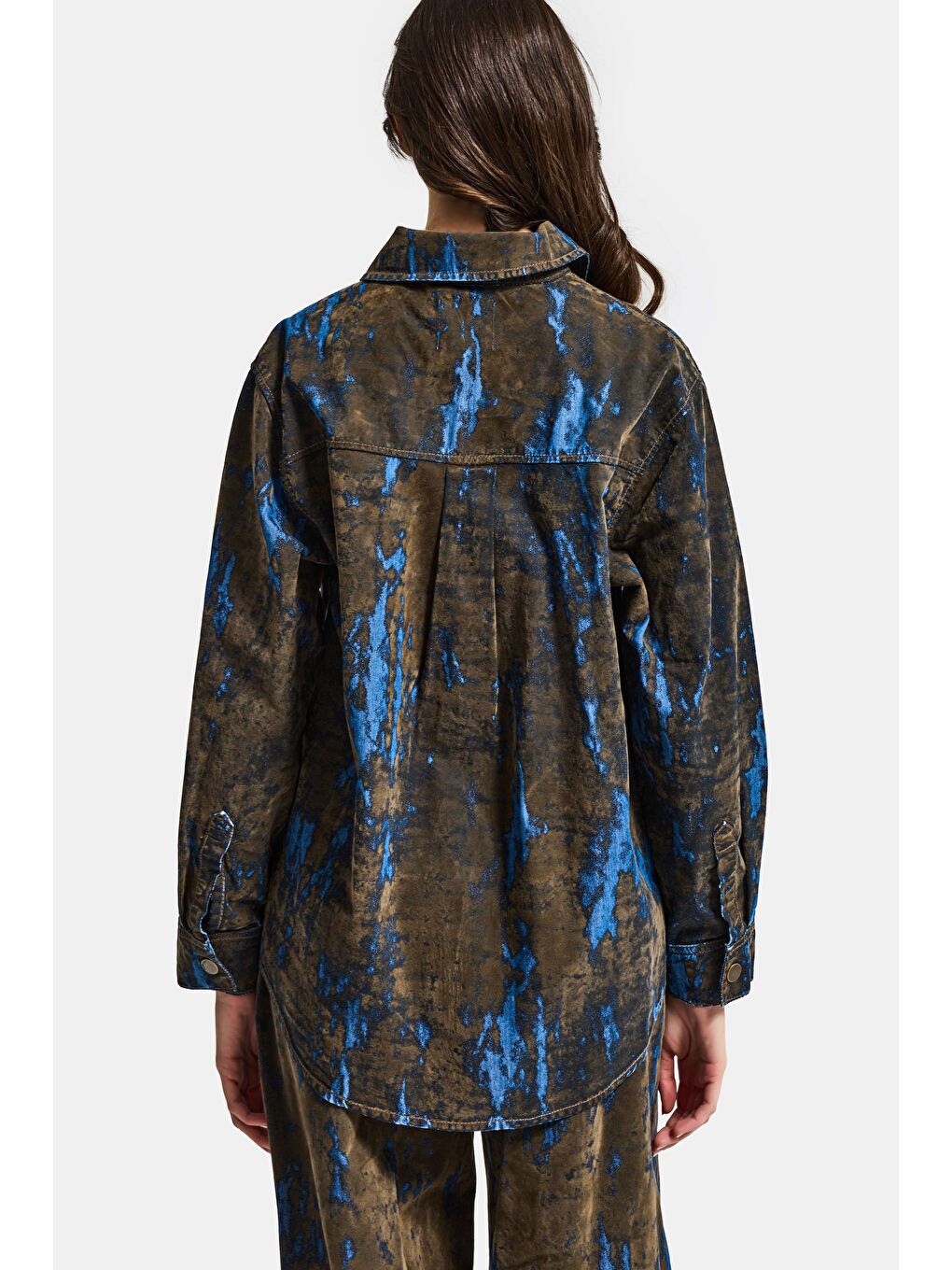 Kahverengi Kadın Kahve Mavi 1s6-15 Oversize Özel Flok Kumaş Tasarım Denim Gömlek-4