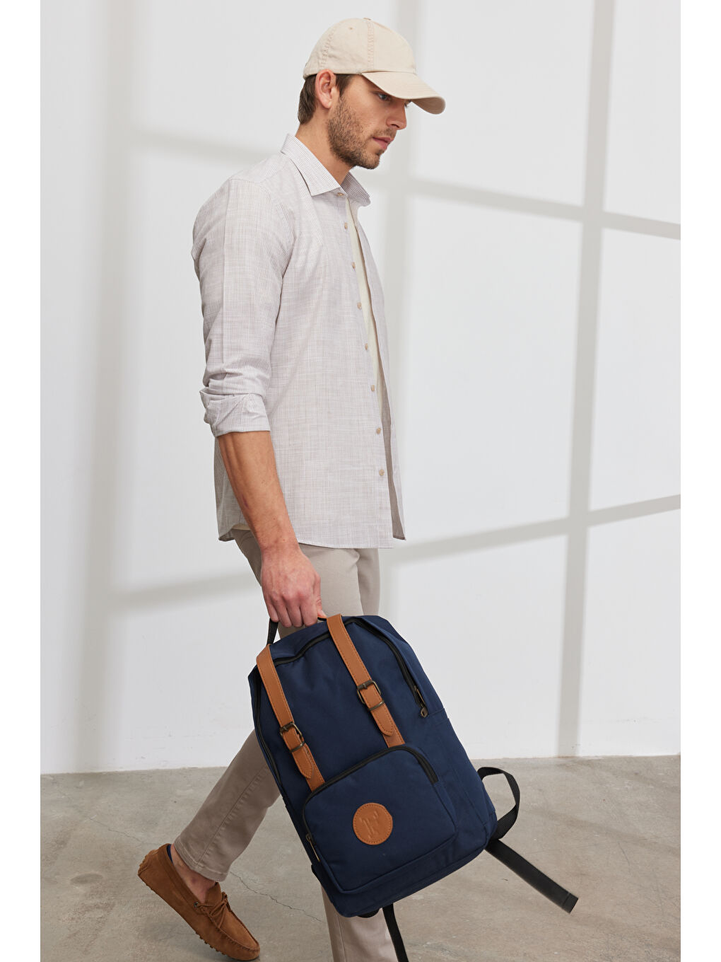 Erkek Bej Slim Fit Dar Kesim Klasik Yaka %100 Pamuk Çizgili Gömlek-1